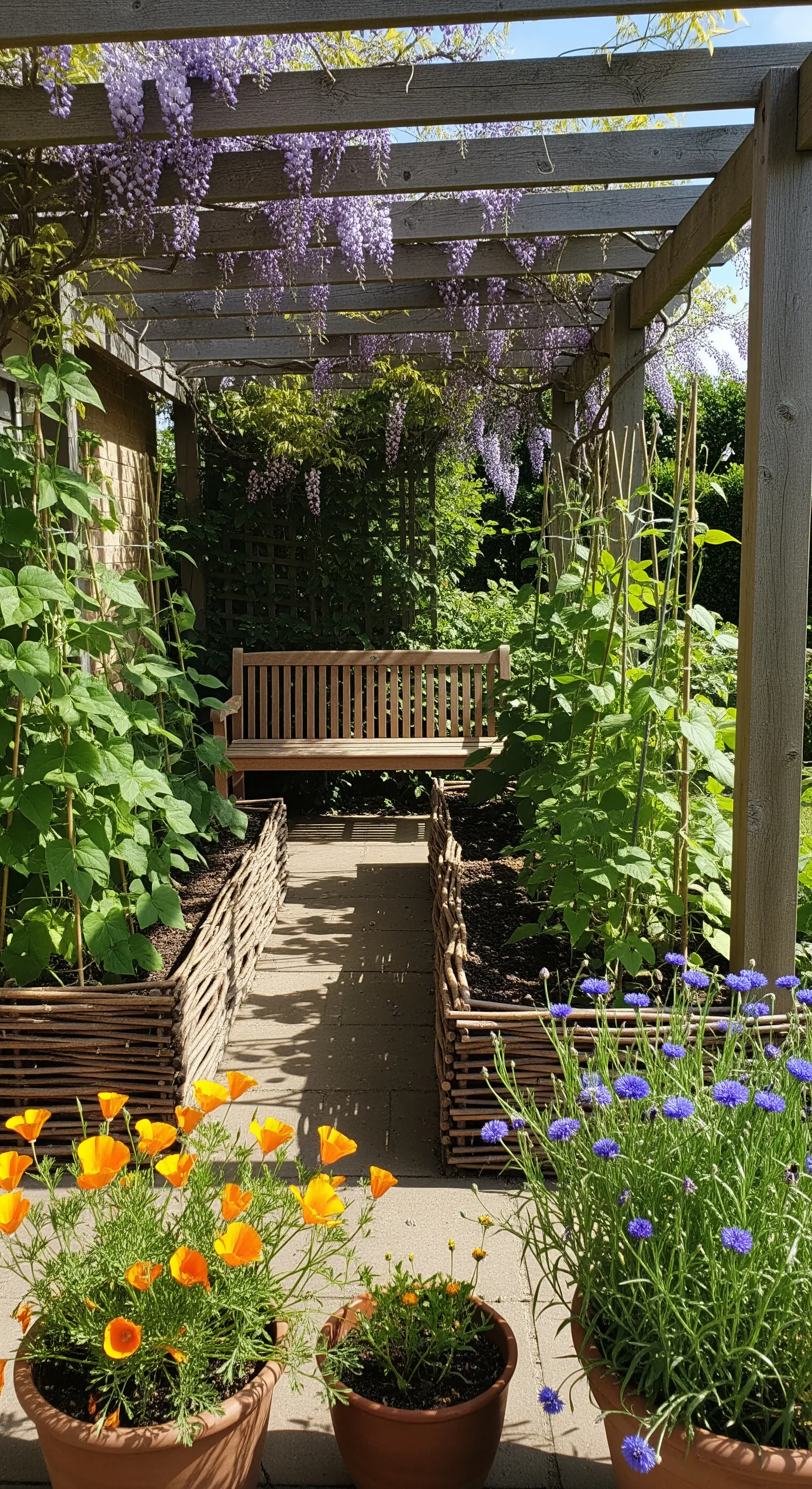 Sentiero sotto una pergola di glicine, fiancheggiato da orti rialzati, che conduce a una panca.
