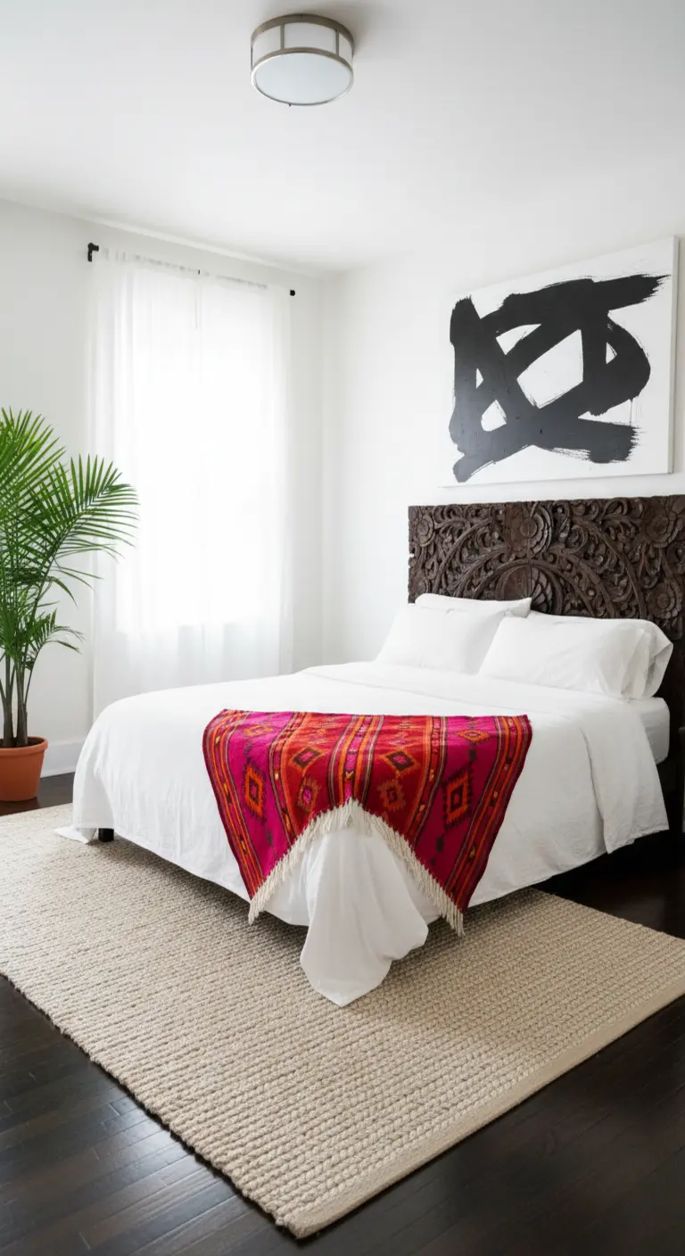 Letto con testiera in legno scuro intagliato e un runner fucsia e arancione.