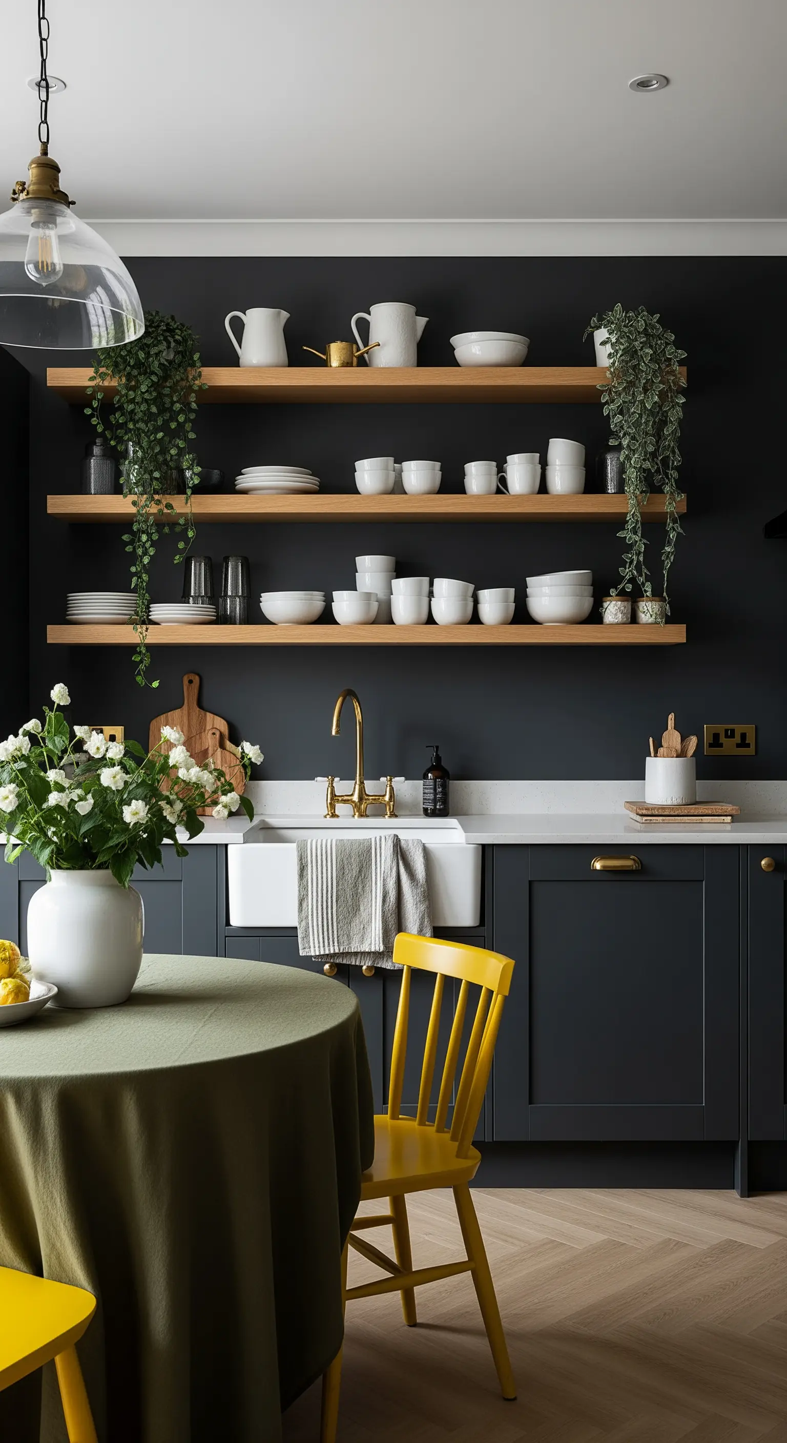 Cucina scura con mensole in legno, tavolo con tovaglia verde e una sedia senape.