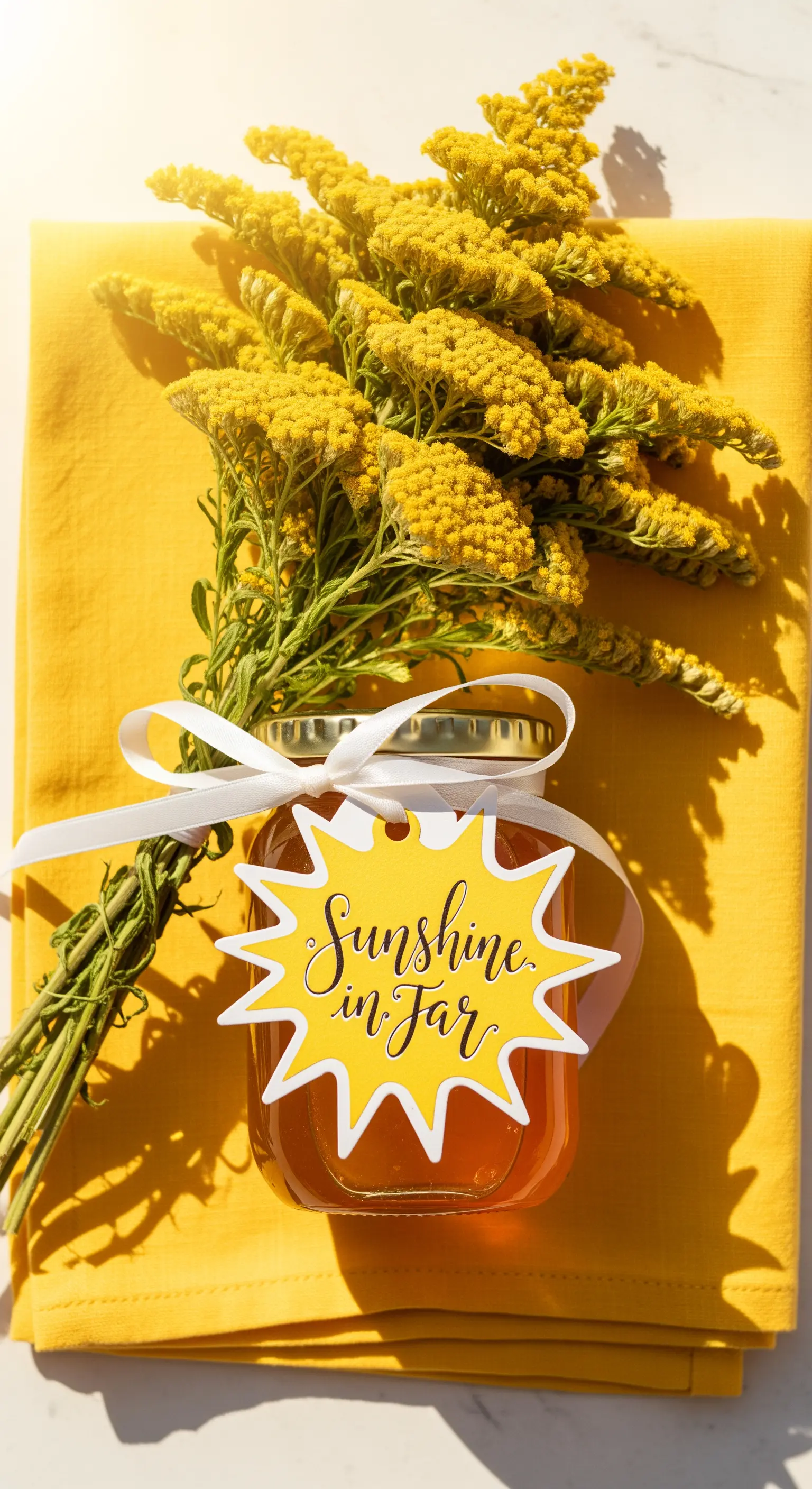 Vasetto di miele con etichetta gialla a forma di sole e la scritta 
