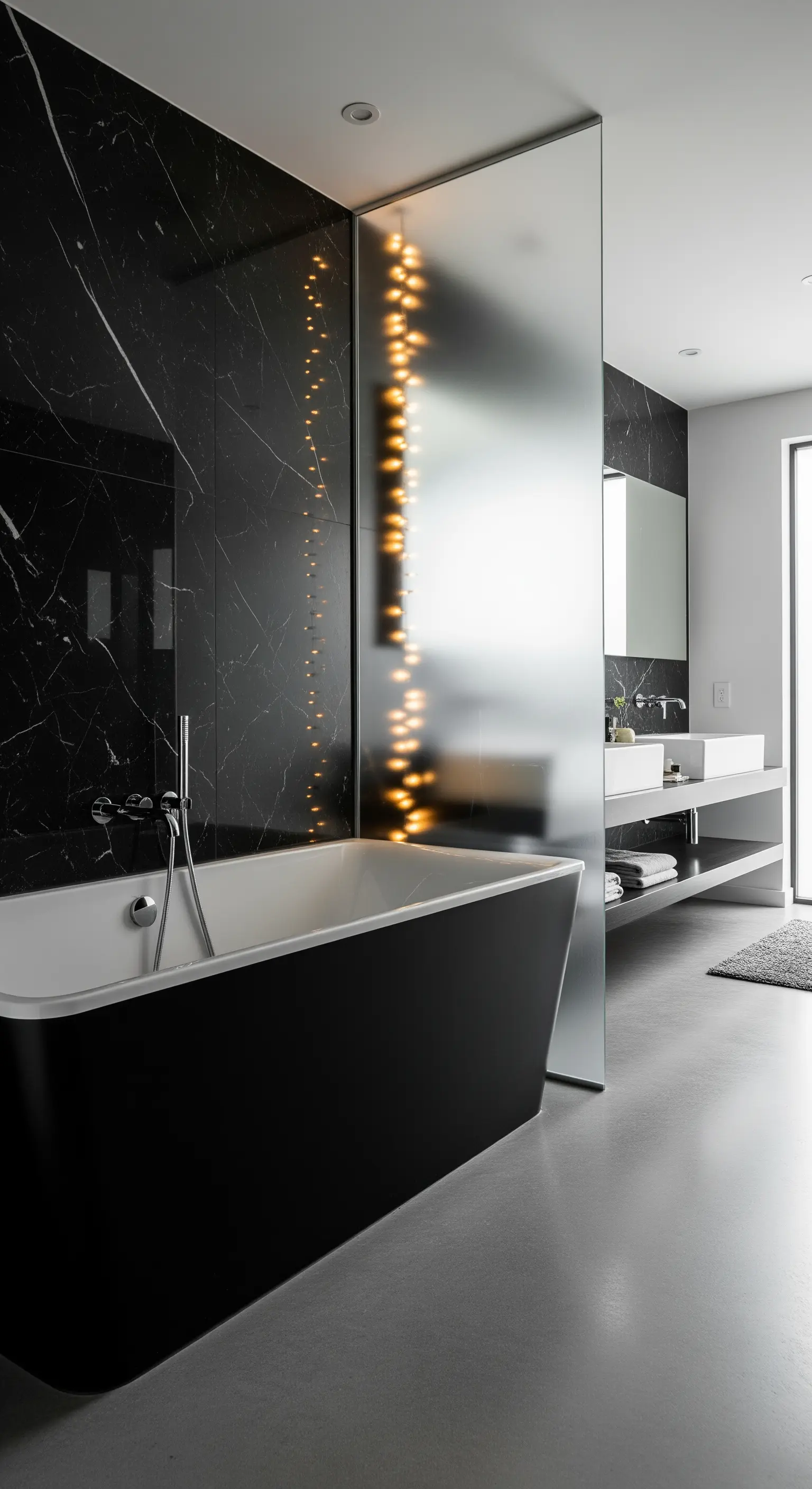 Bagno moderno con parete in marmo nero e separé in vetro satinato con luci verticali.