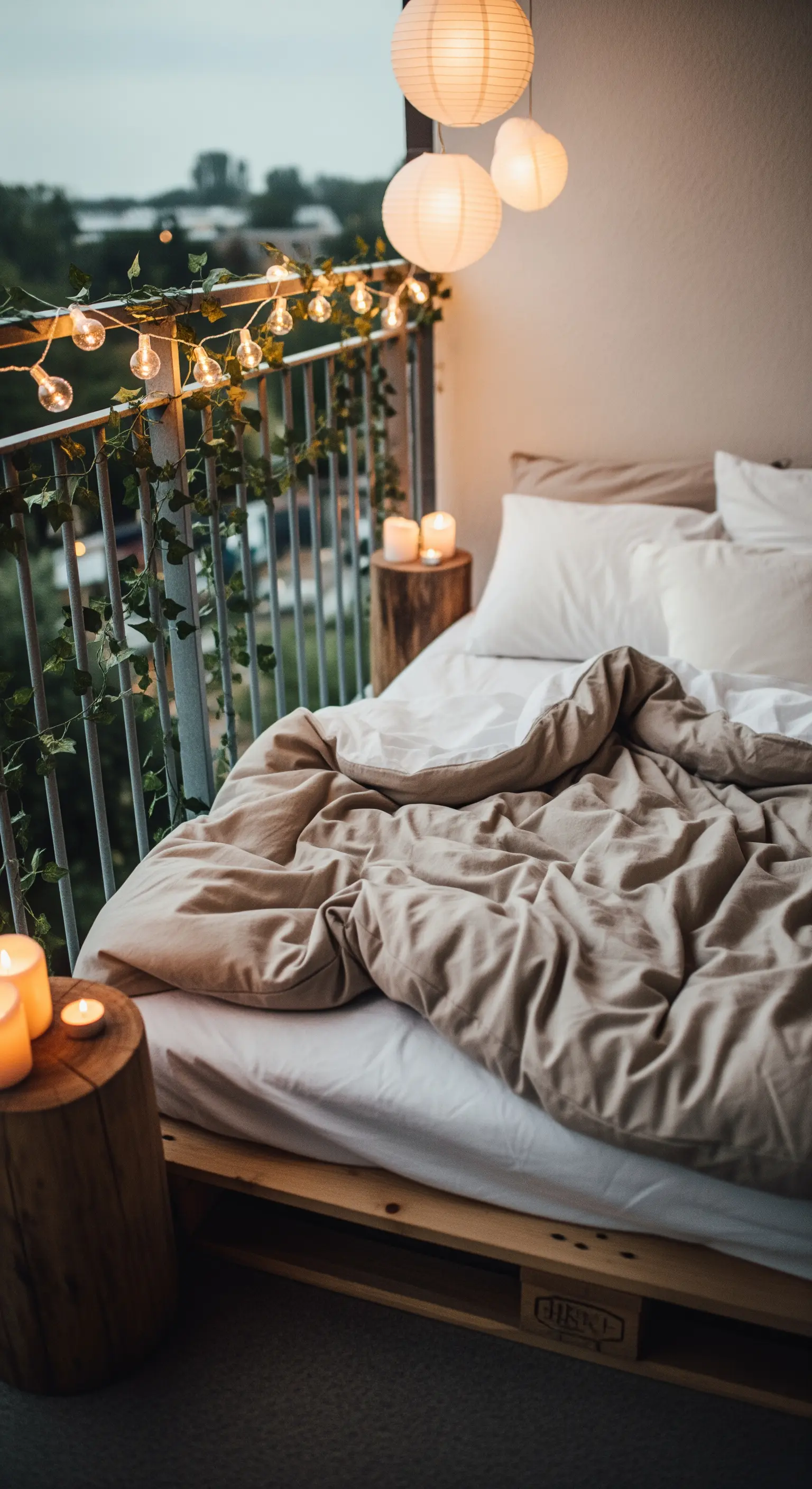 Letto su un balcone con luci a stringa sulla ringhiera e lanterne di carta sospese.