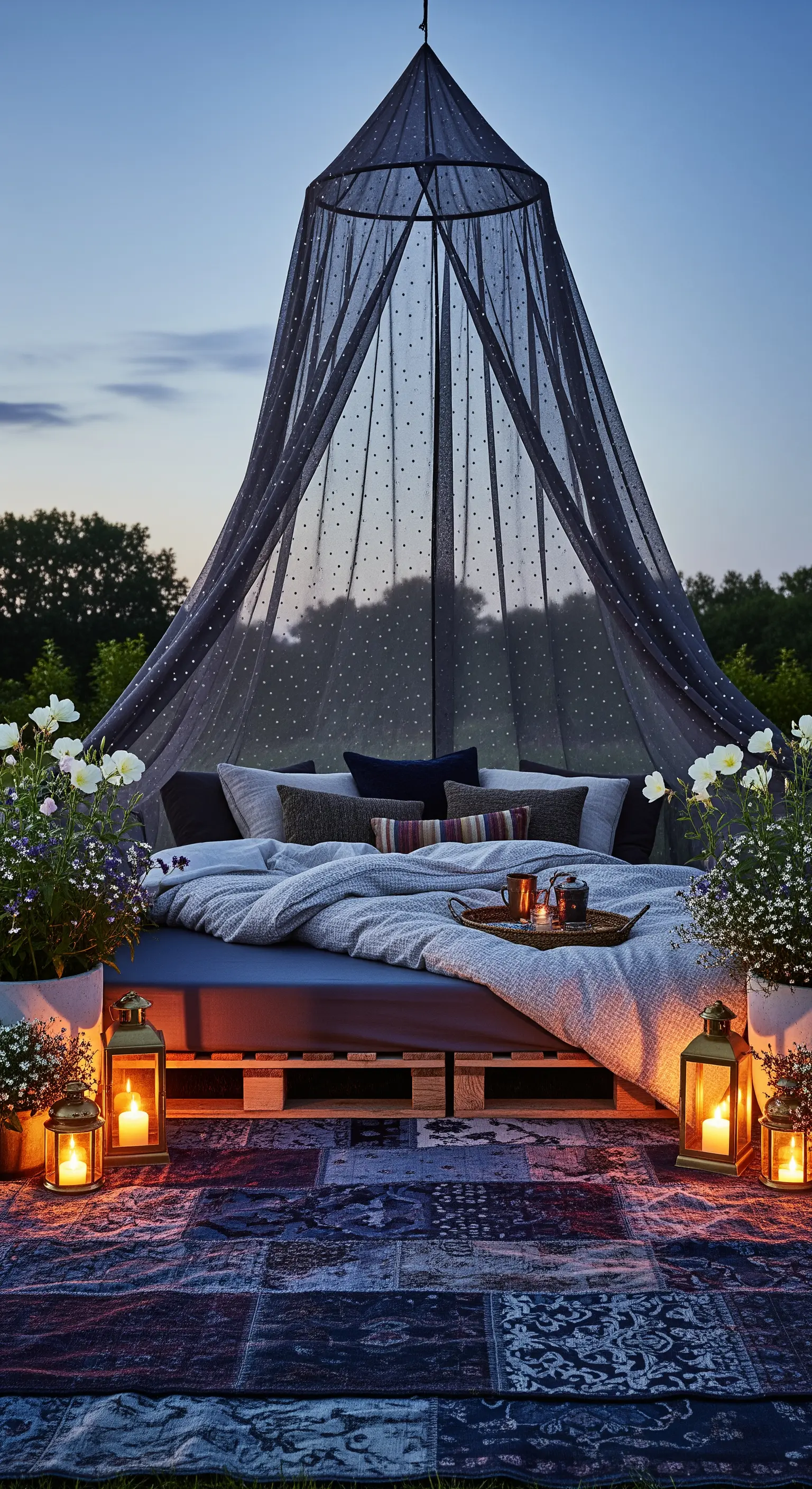 Letto fatto con pallet all'aperto di notte, con zanzariera, coperte e lanterne accese.