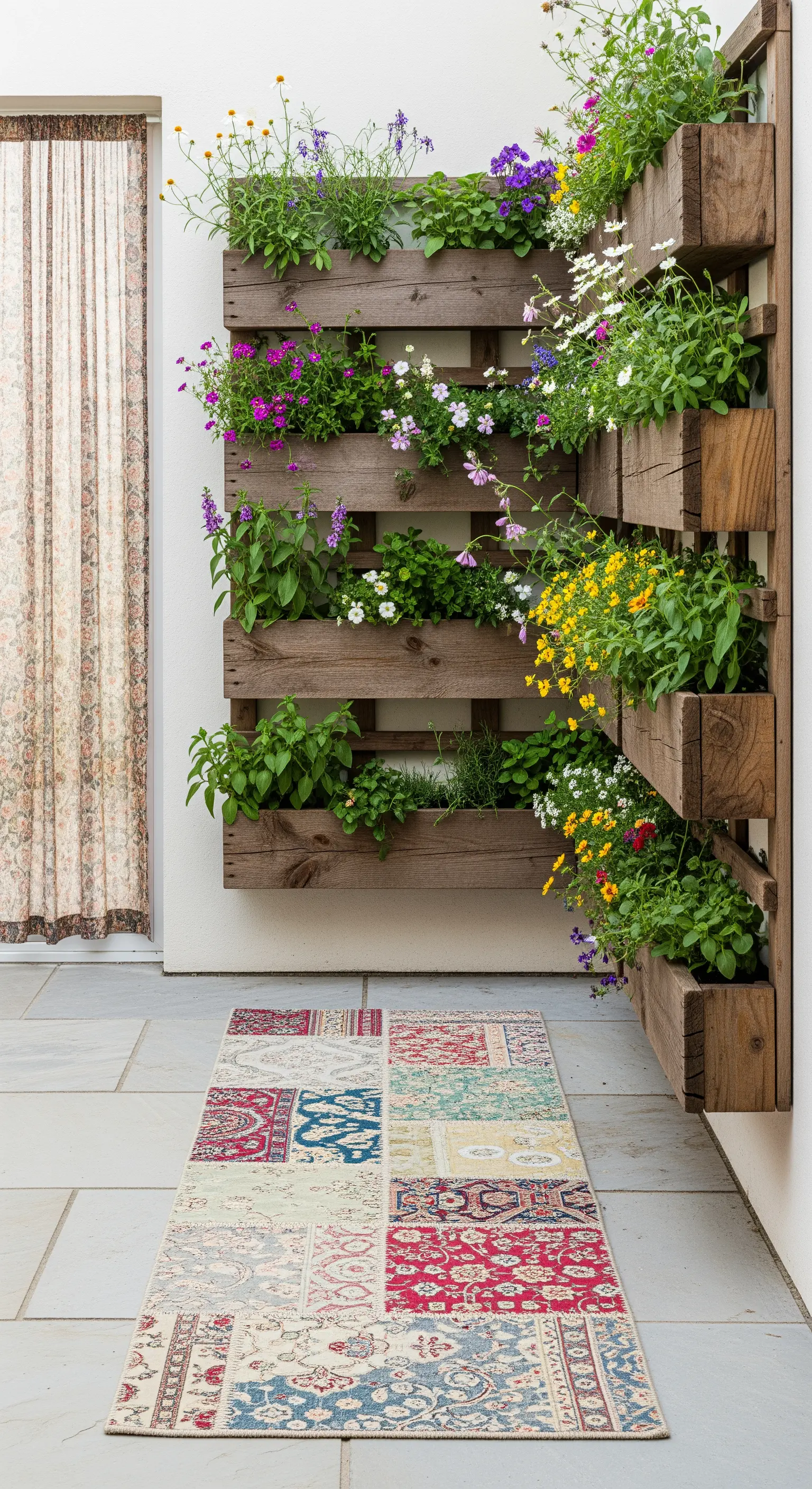 Giardino verticale in legno ricco di fiori colorati, con un tappeto patchwork steso sul pavimento.