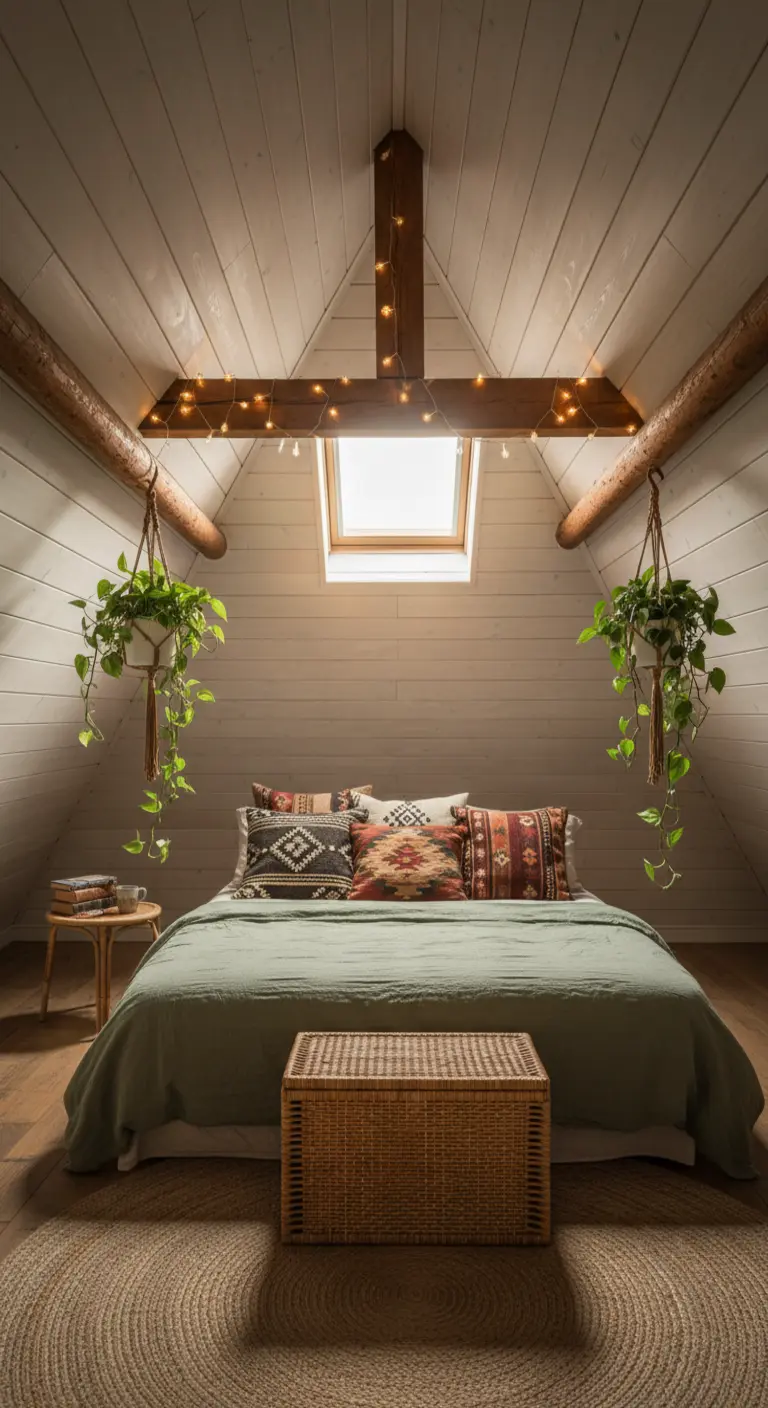 Letto in mansarda con travi in legno decorate da lucine a stringa.