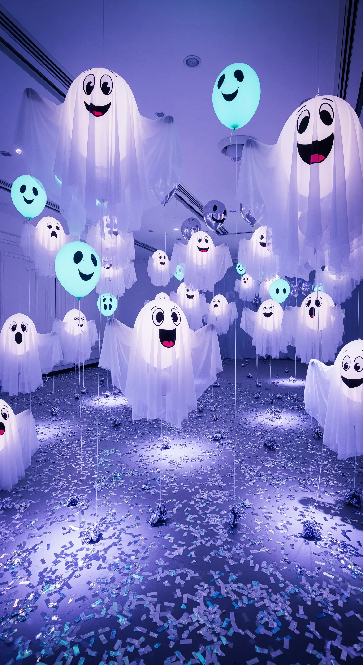 Stanza decorata con fantasmi luminosi fatti di palloncini e teli appesi al soffitto.