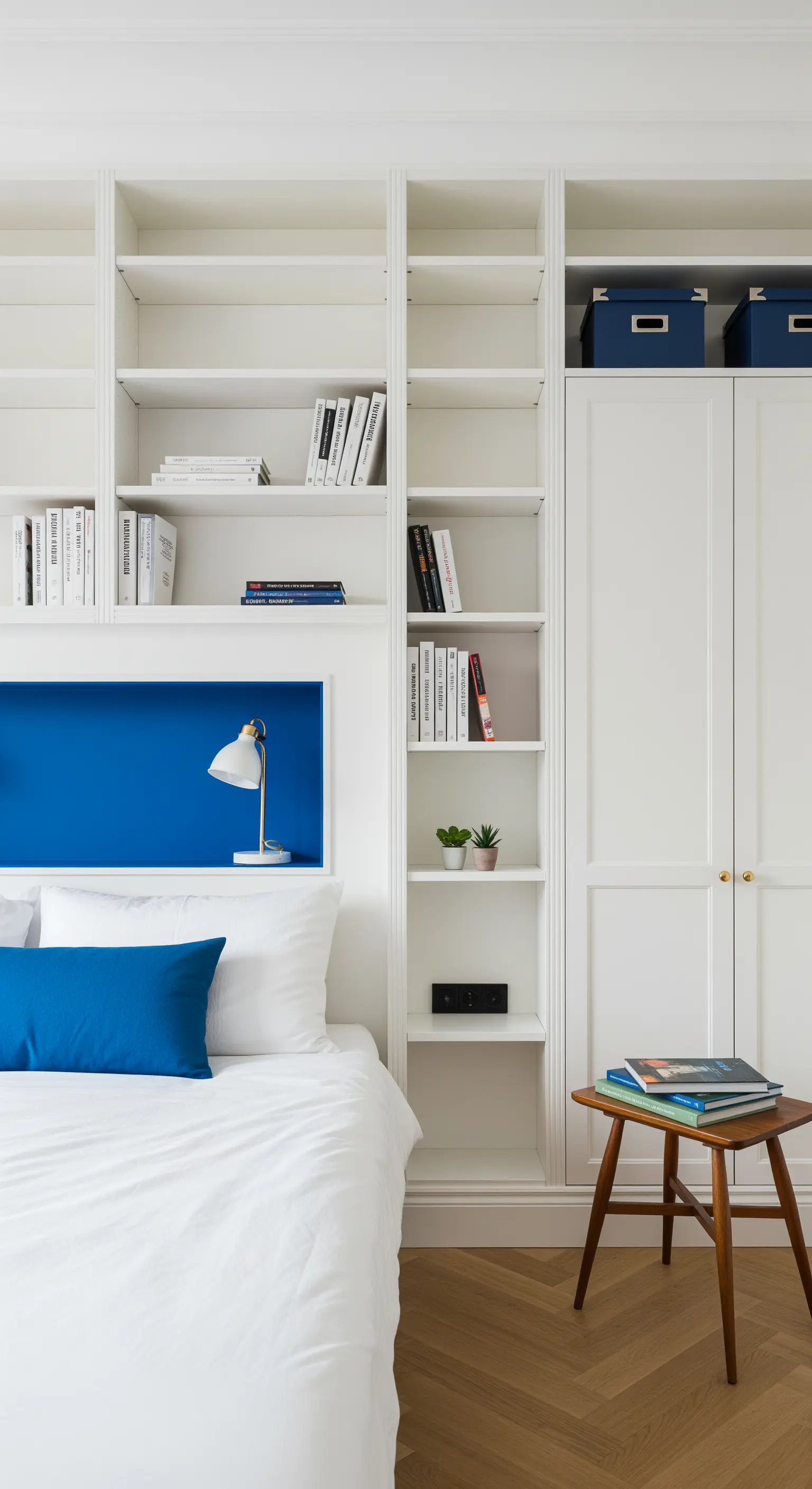 Libreria a muro bianca con una nicchia blu intenso dietro al letto.