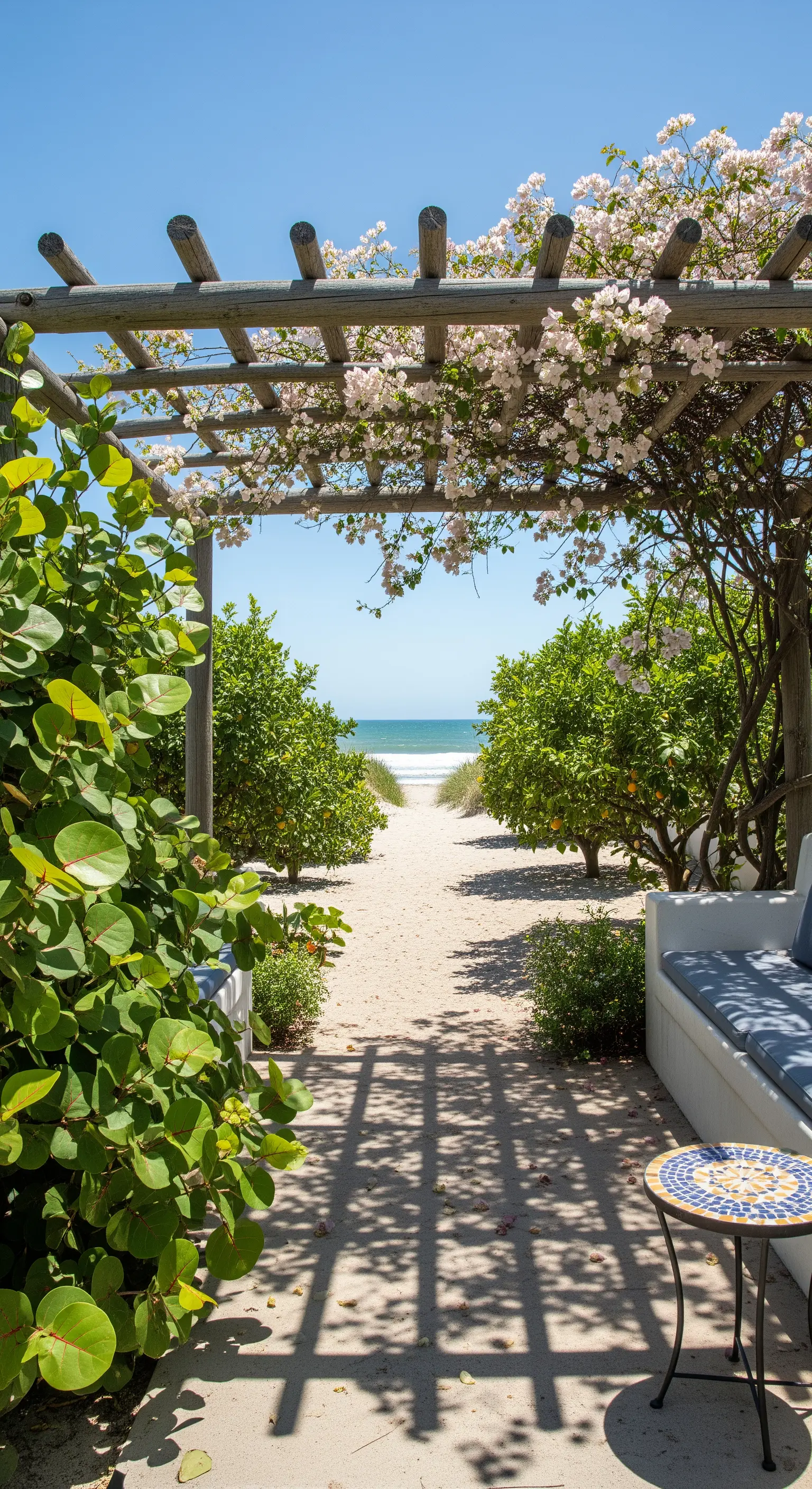 Pergola in legno con bouganville bianca che incornicia una vista sul mare.