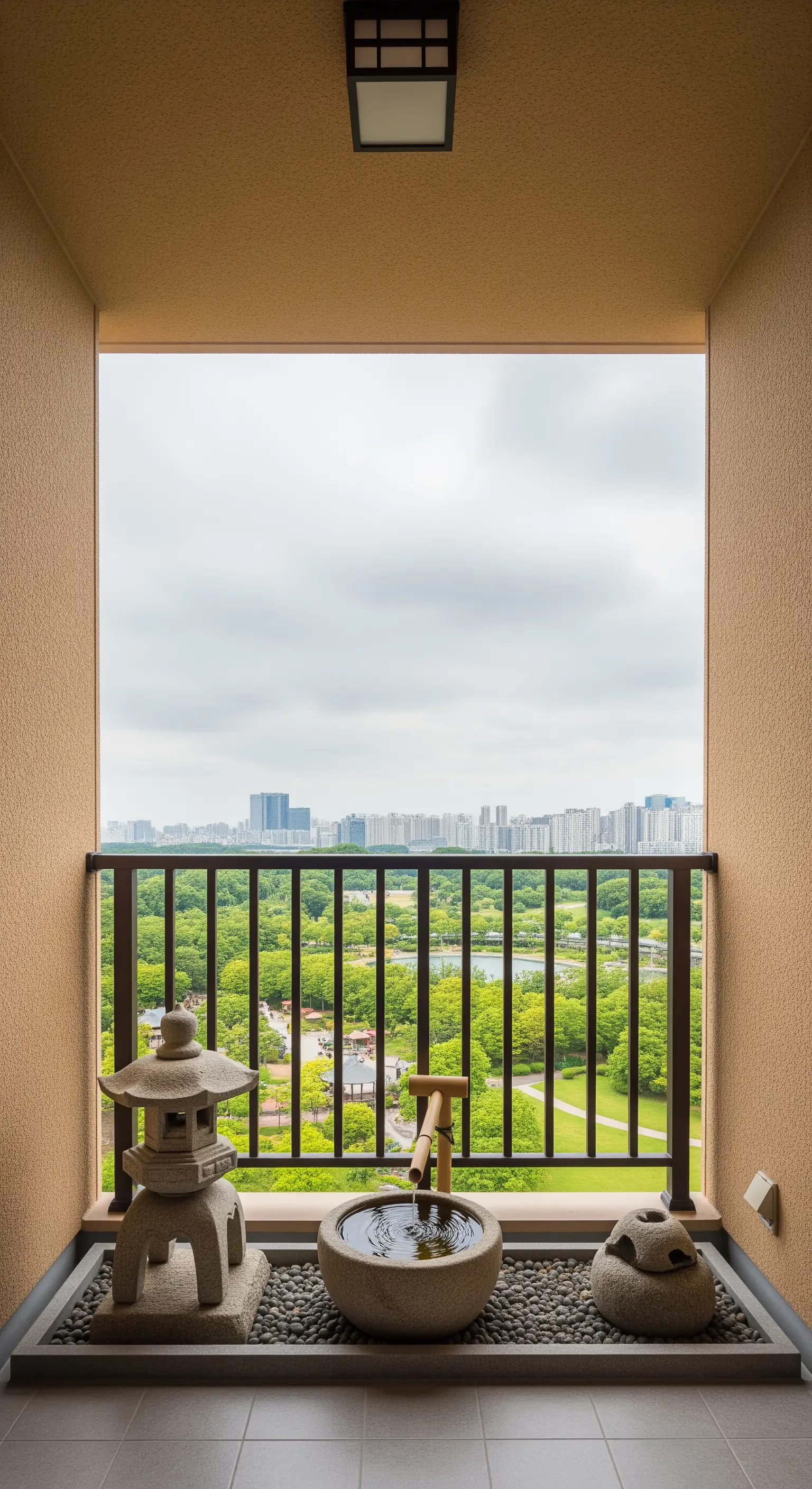 Piccolo balcone con vista, allestito come un giardino zen con lanterna e vasca in pietra.