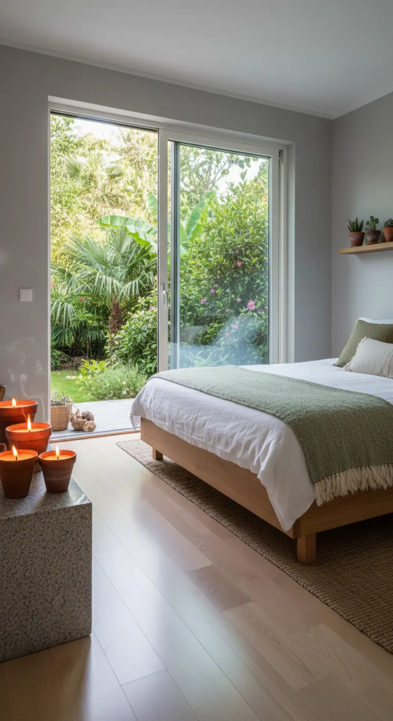 Letto di fronte a una grande porta-finestra che si apre su un giardino rigoglioso; candele su un blocco di pietra.