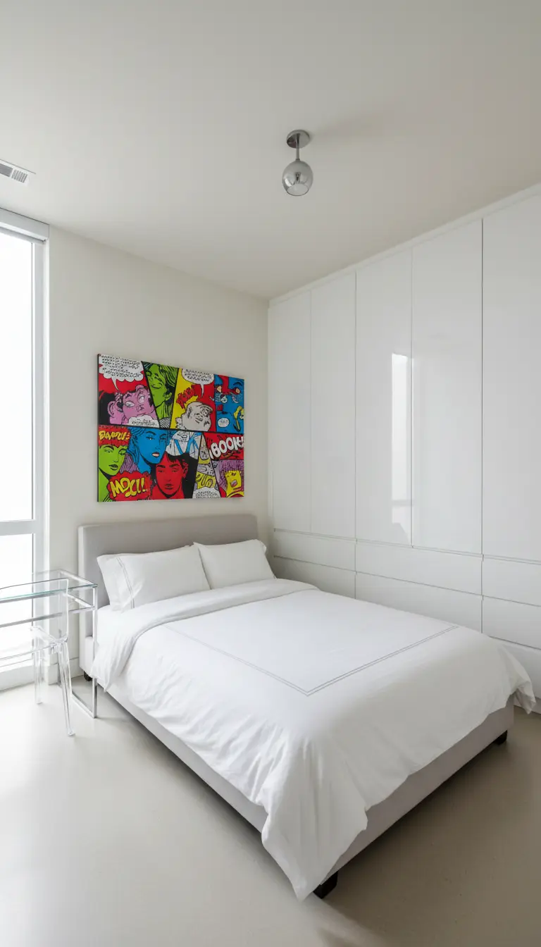 Camera da letto minimalista con armadi a muro bianchi e un grande quadro Pop Art colorato.
