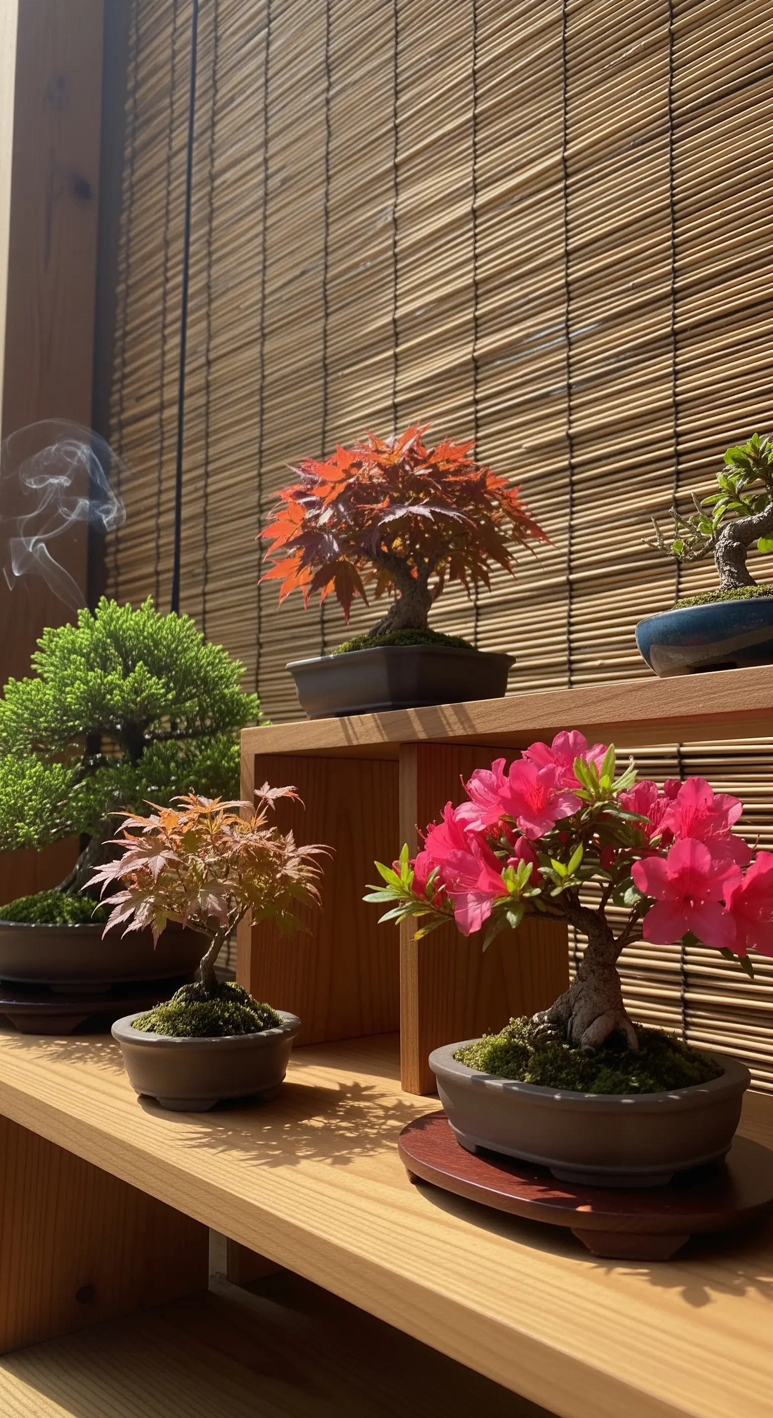 Collezione di alberi bonsai, tra cui un acero e un'azalea, esposti su mensole di legno.