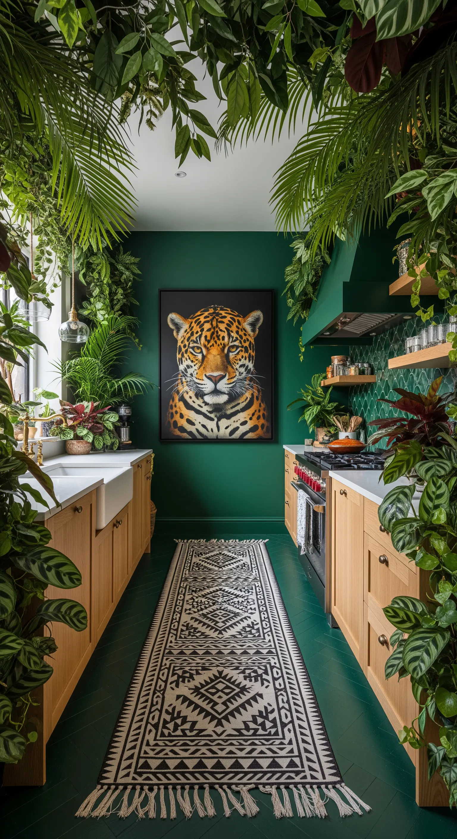 Cucina verde scuro interamente circondata da piante tropicali, con un ritratto di giaguaro.