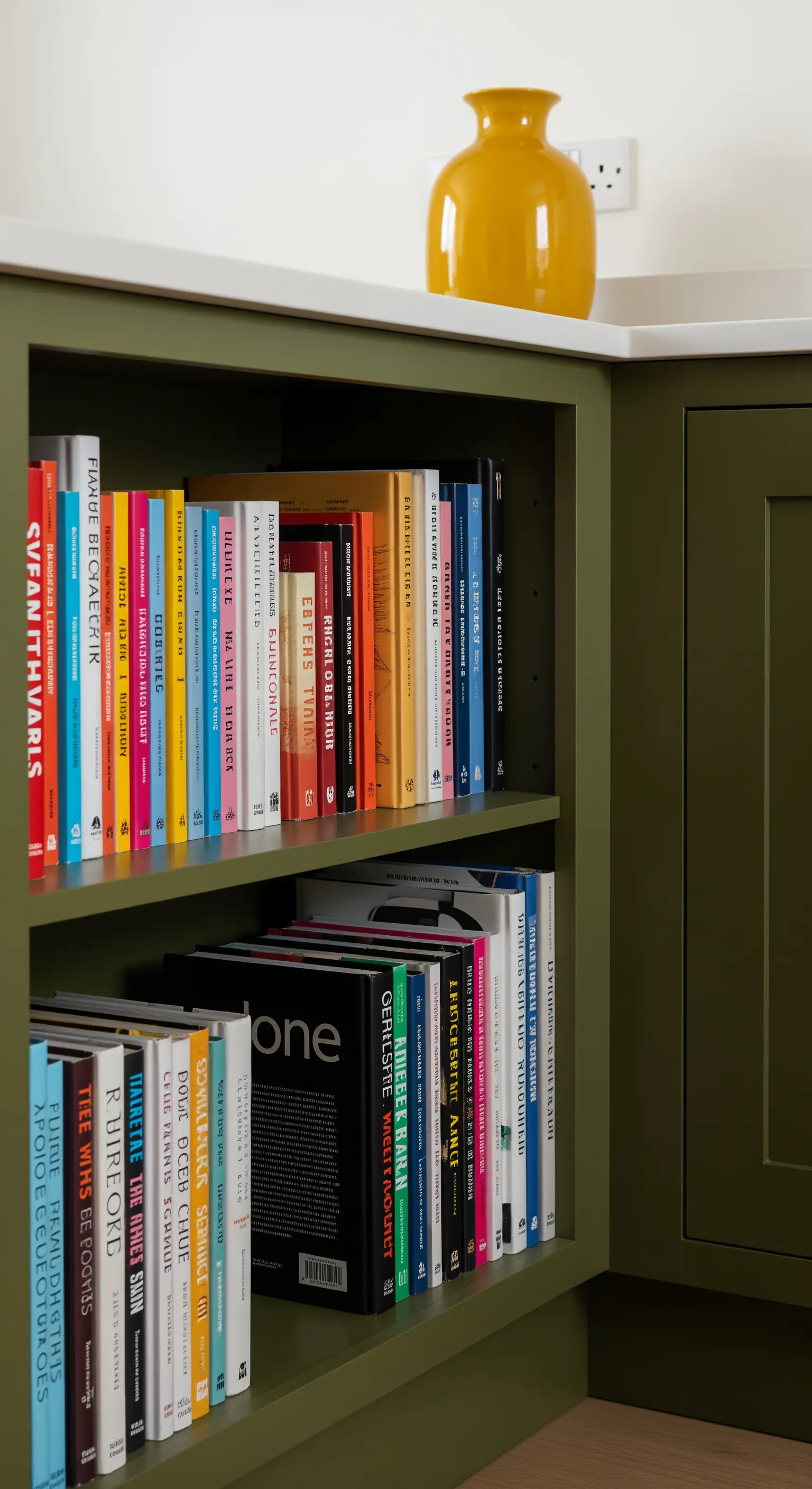 Libreria a giorno integrata in un mobile da cucina verde oliva con libri e un vaso senape.