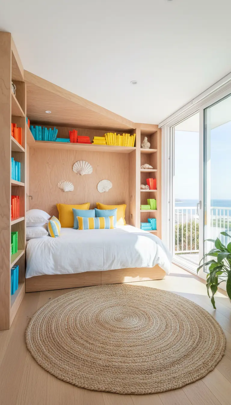 Letto inserito in una nicchia di legno con mensole colorate e decorazioni a forma di conchiglia.