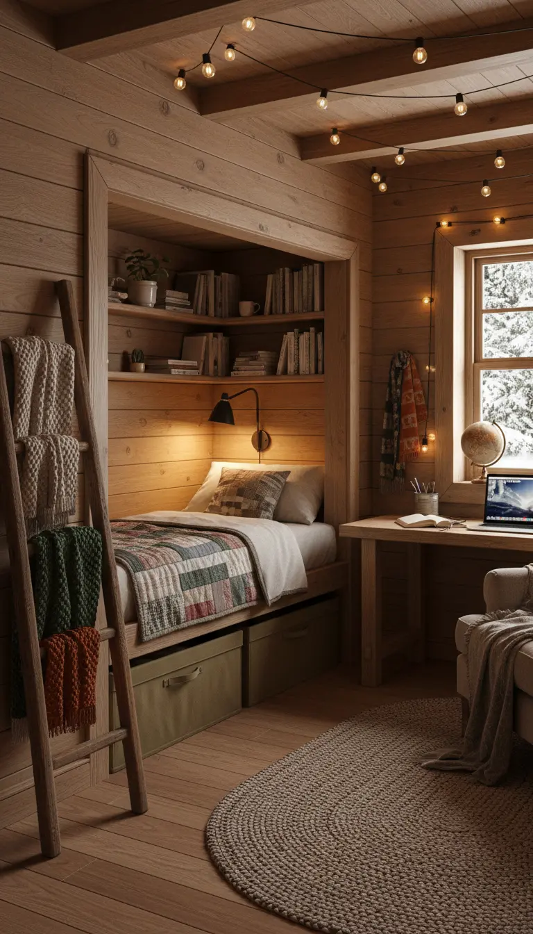 Letto inserito in una nicchia di legno in una stanza stile baita, con luci calde.