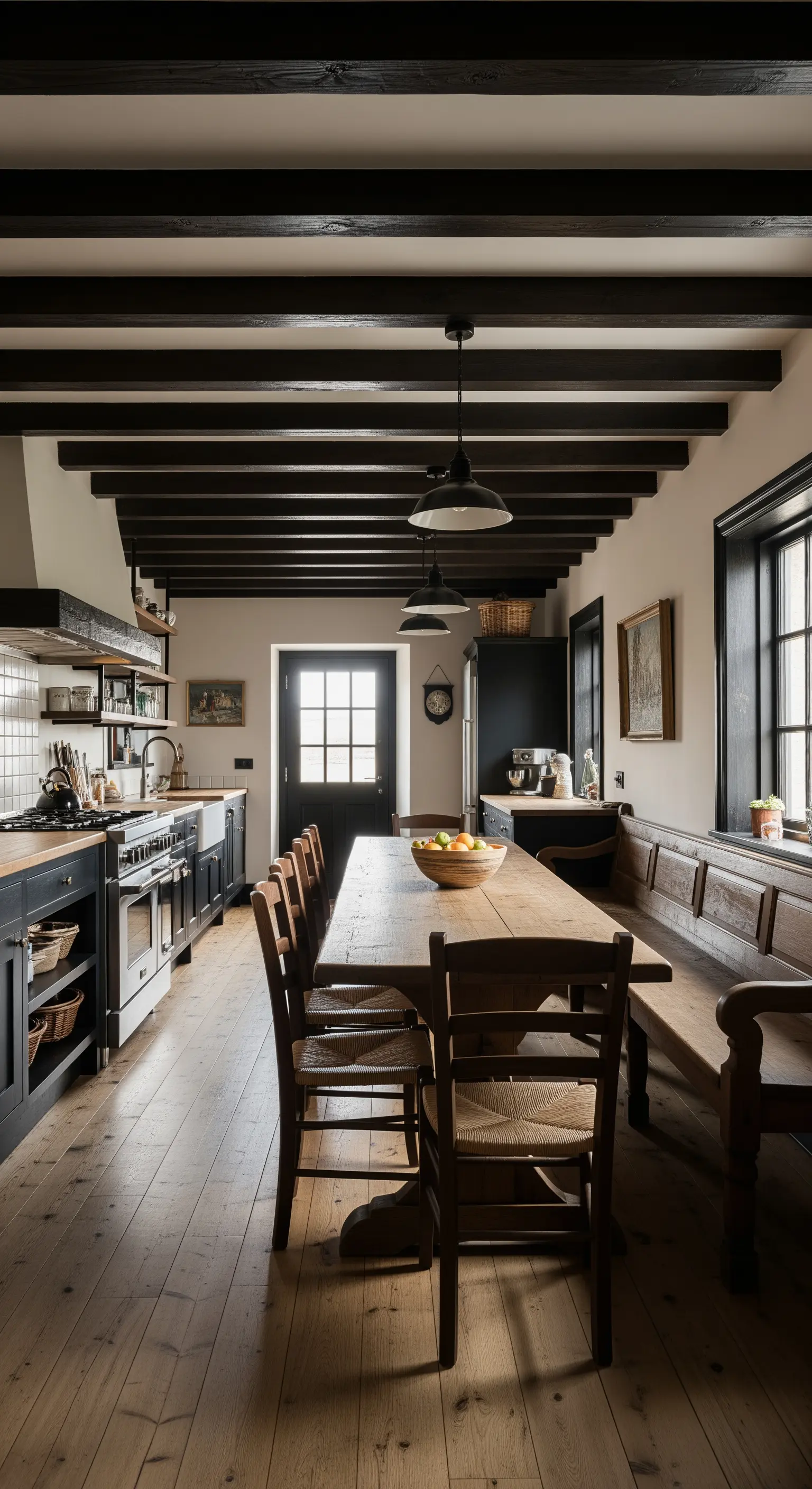 Cucina con lungo tavolo in legno affiancato da una panca in stile rustico.