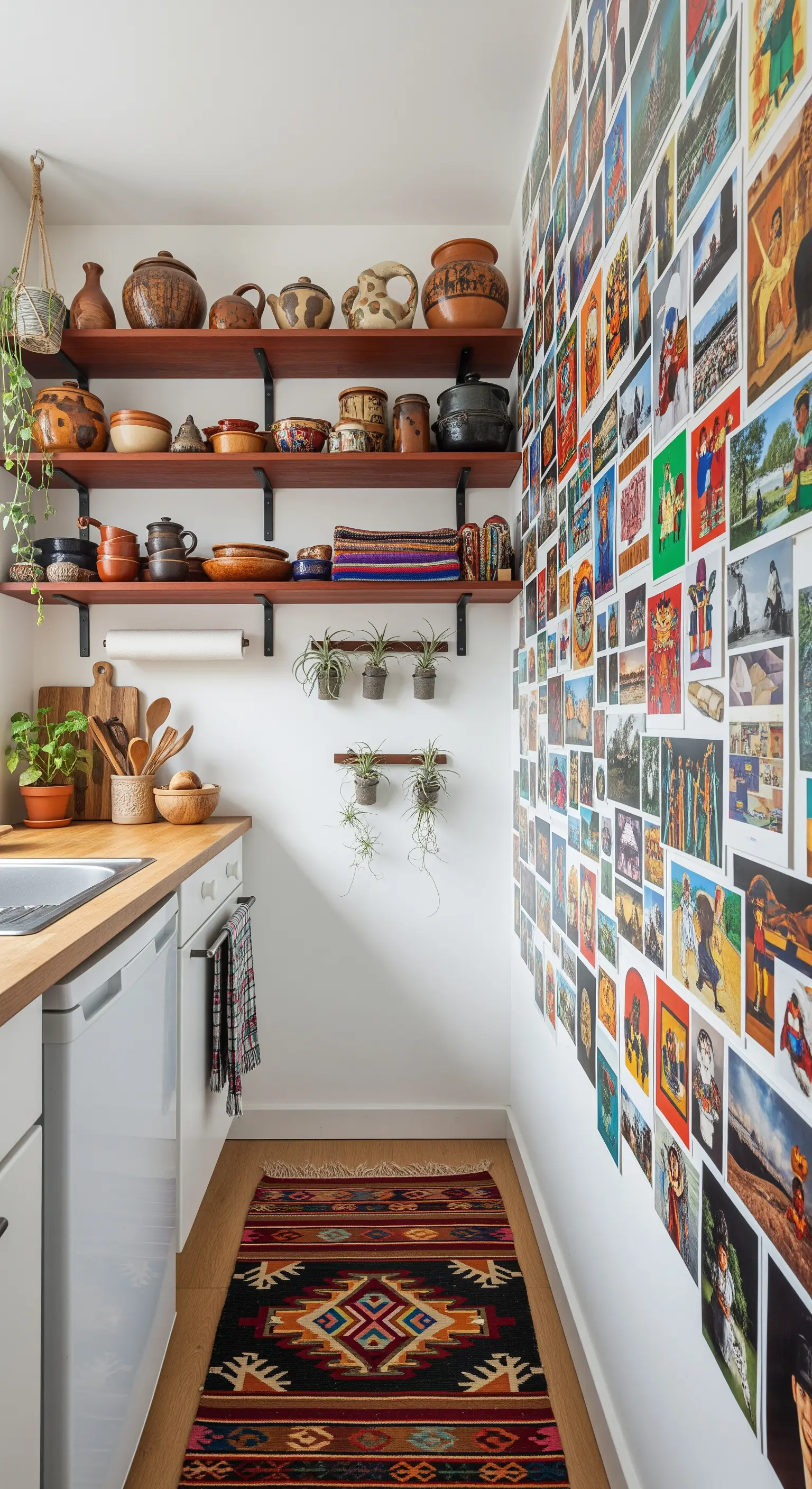 Cucina piccola con una parete interamente ricoperta da un collage di fotografie e cartoline.