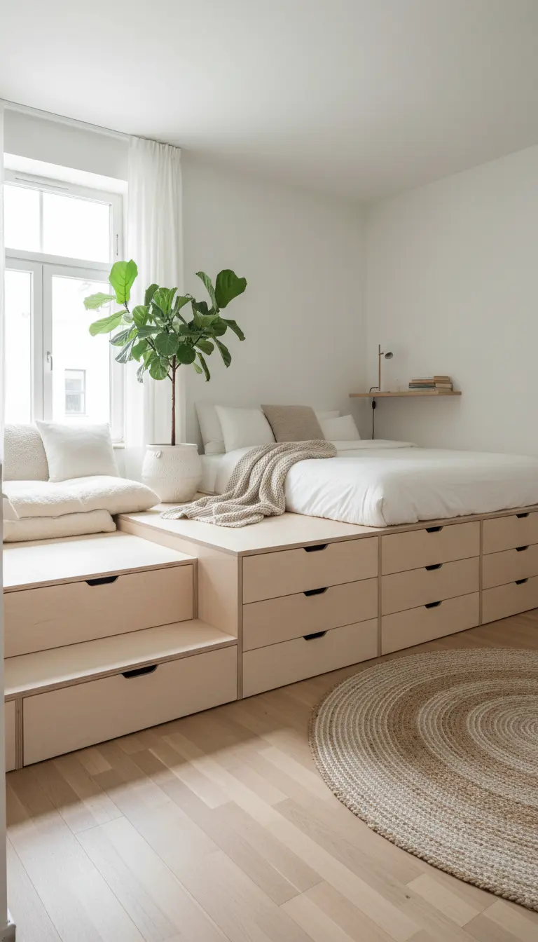 Letto su una pedana contenitore in legno chiaro con cassetti, in una camera da letto minimalista.
