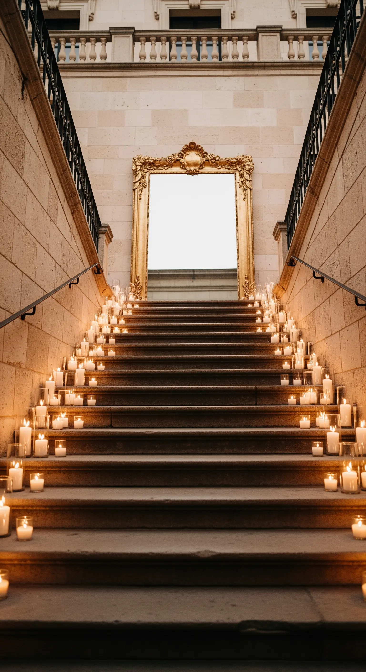 Scalinata esterna illuminata da centinaia di candele con un grande specchio dorato in cima.