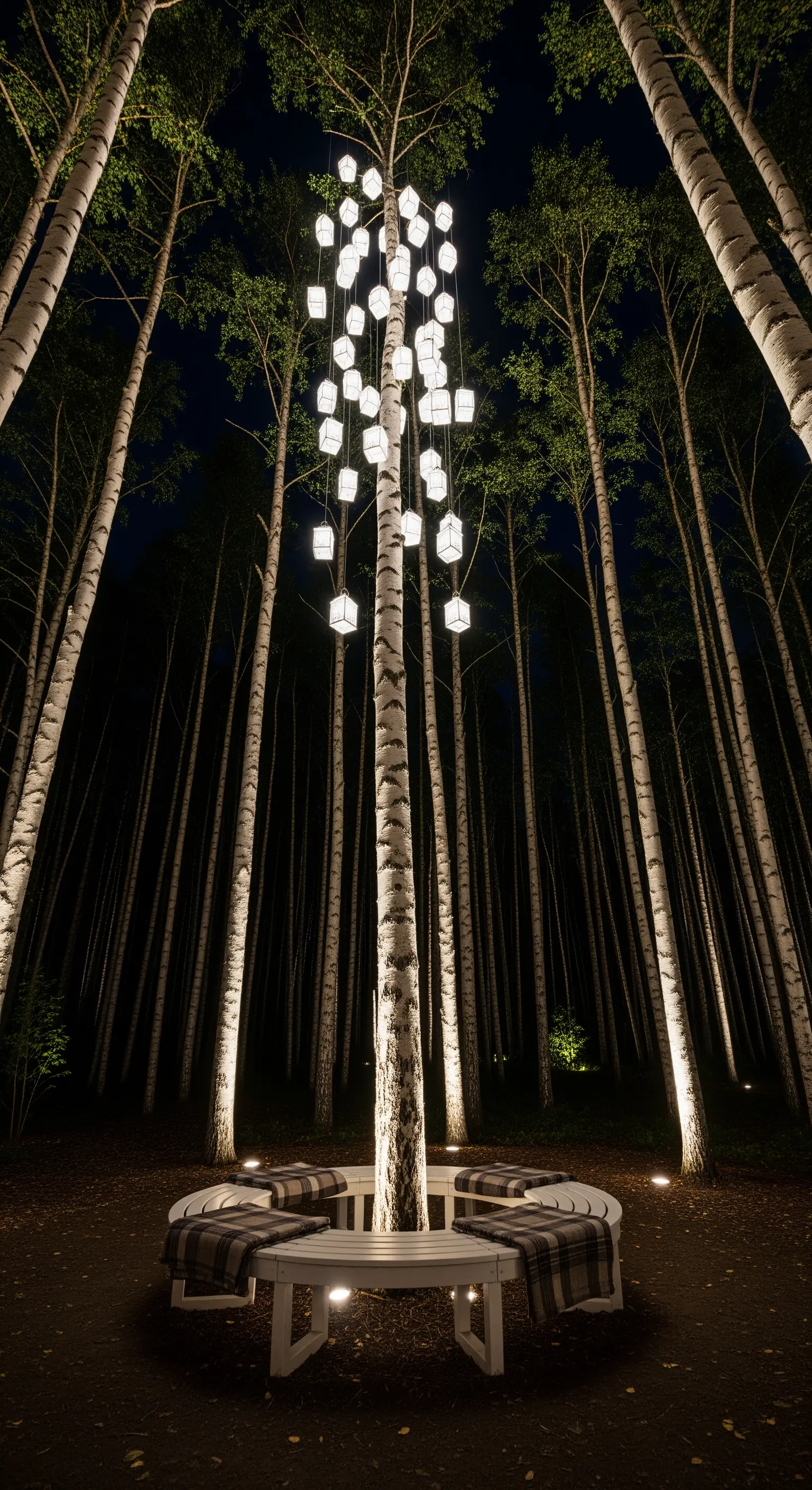 Albero di betulla in una foresta, decorato con un'installazione di lanterne cubiche luminose.
