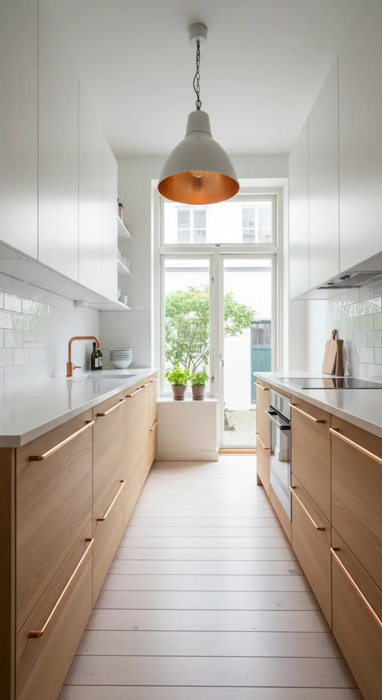 Cucina stretta e lunga in stile scandinavo con una grande lampada a cupola con interno ramato.