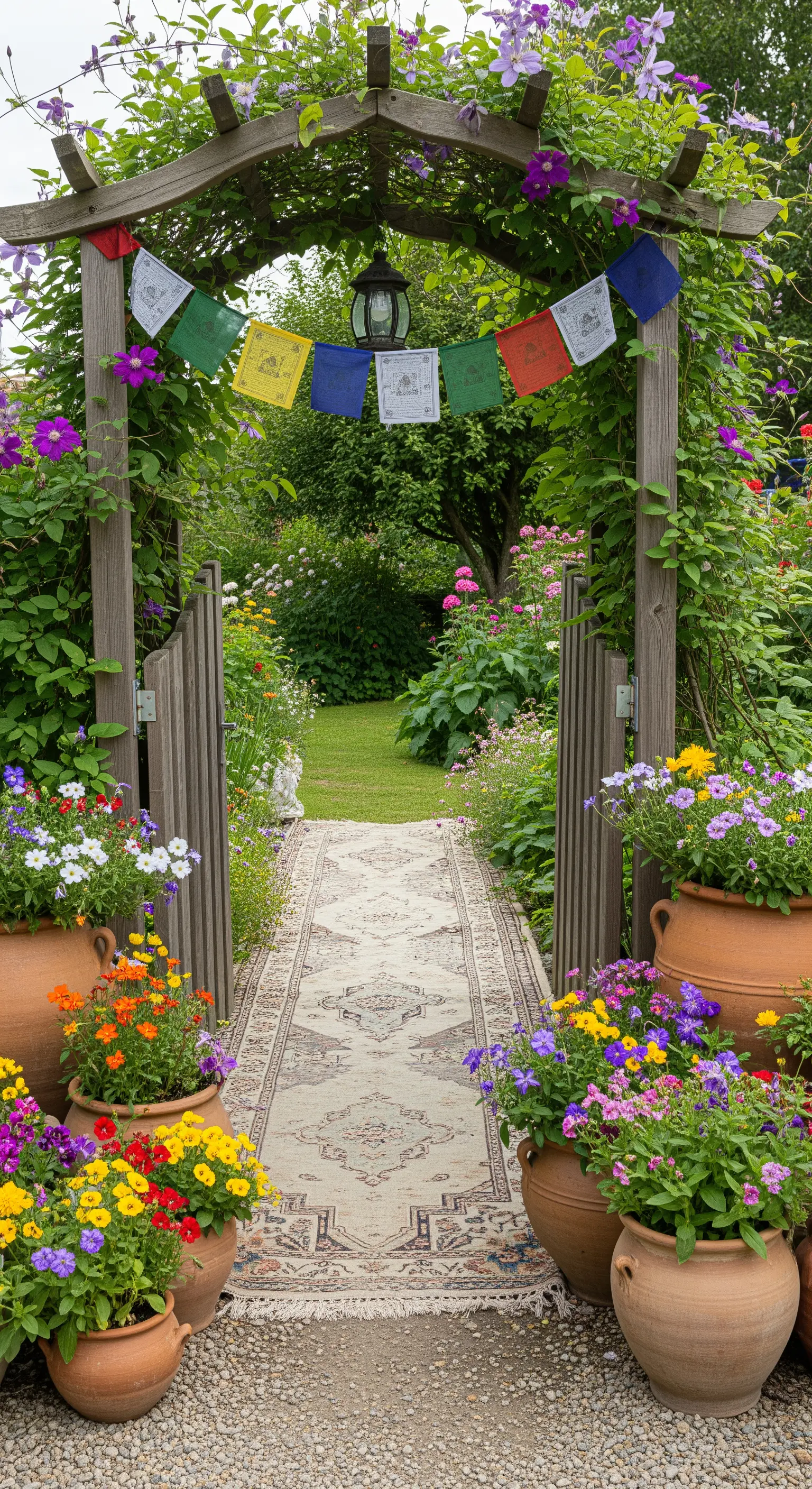 Ingresso di un giardino con cancello in legno, pergola fiorita, vasi e un runner persiano sul sentiero.