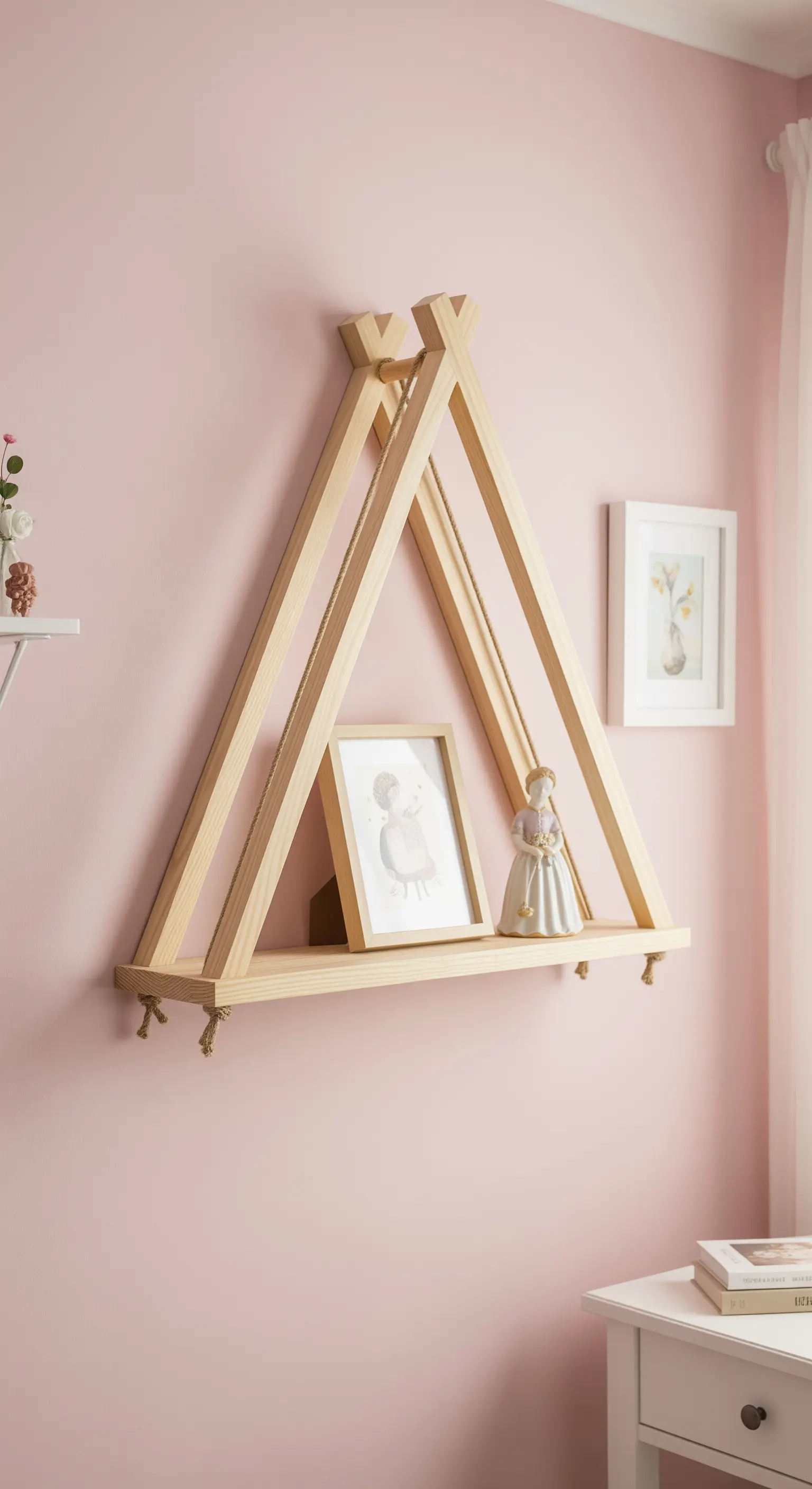 Mensola a forma di tenda indiana (tipi) in legno naturale, appesa a una parete rosa.