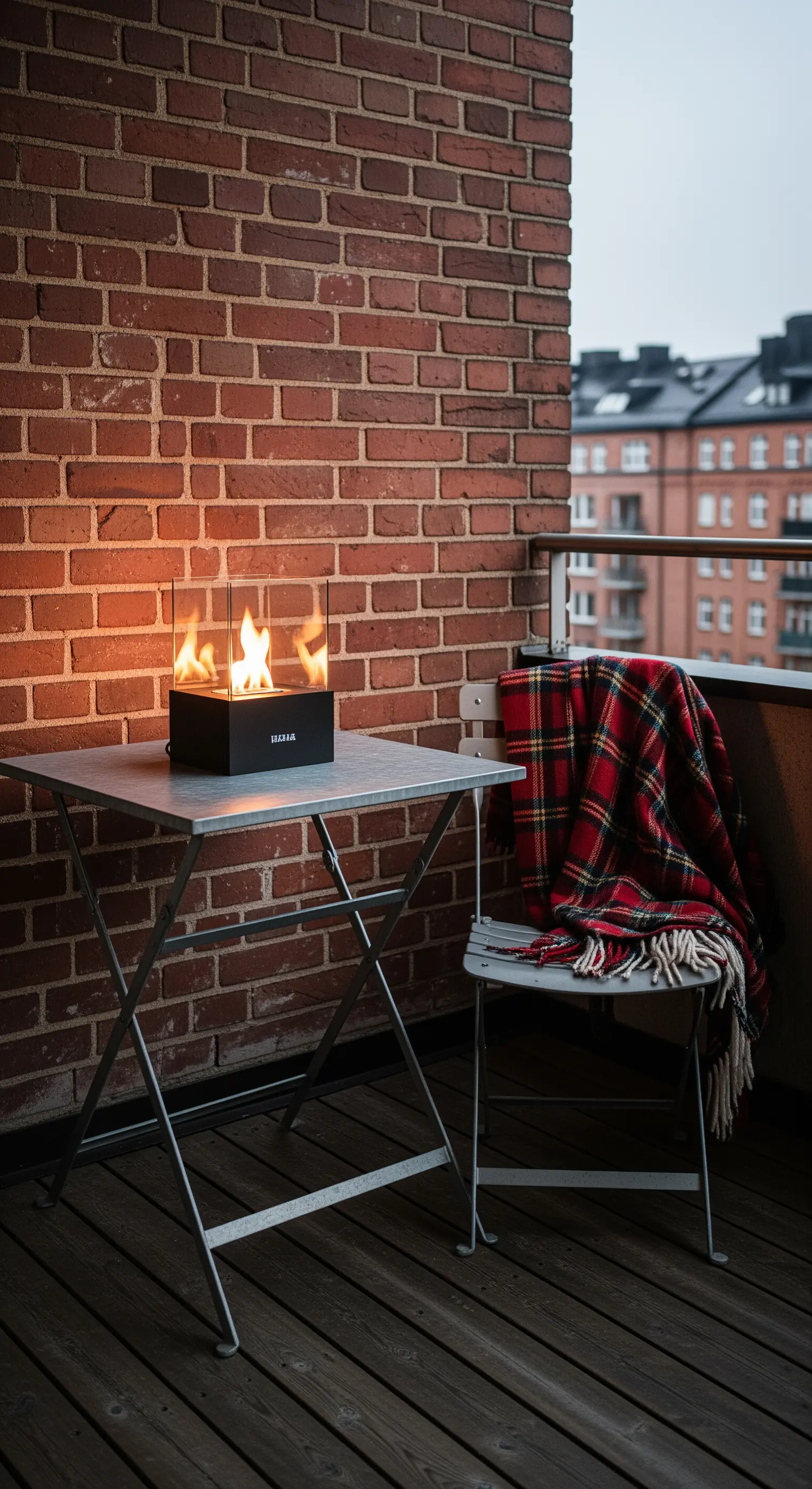 Tavolino in metallo con braciere da tavolo acceso e sedia con plaid scozzese su balcone con mattoni a vista.
