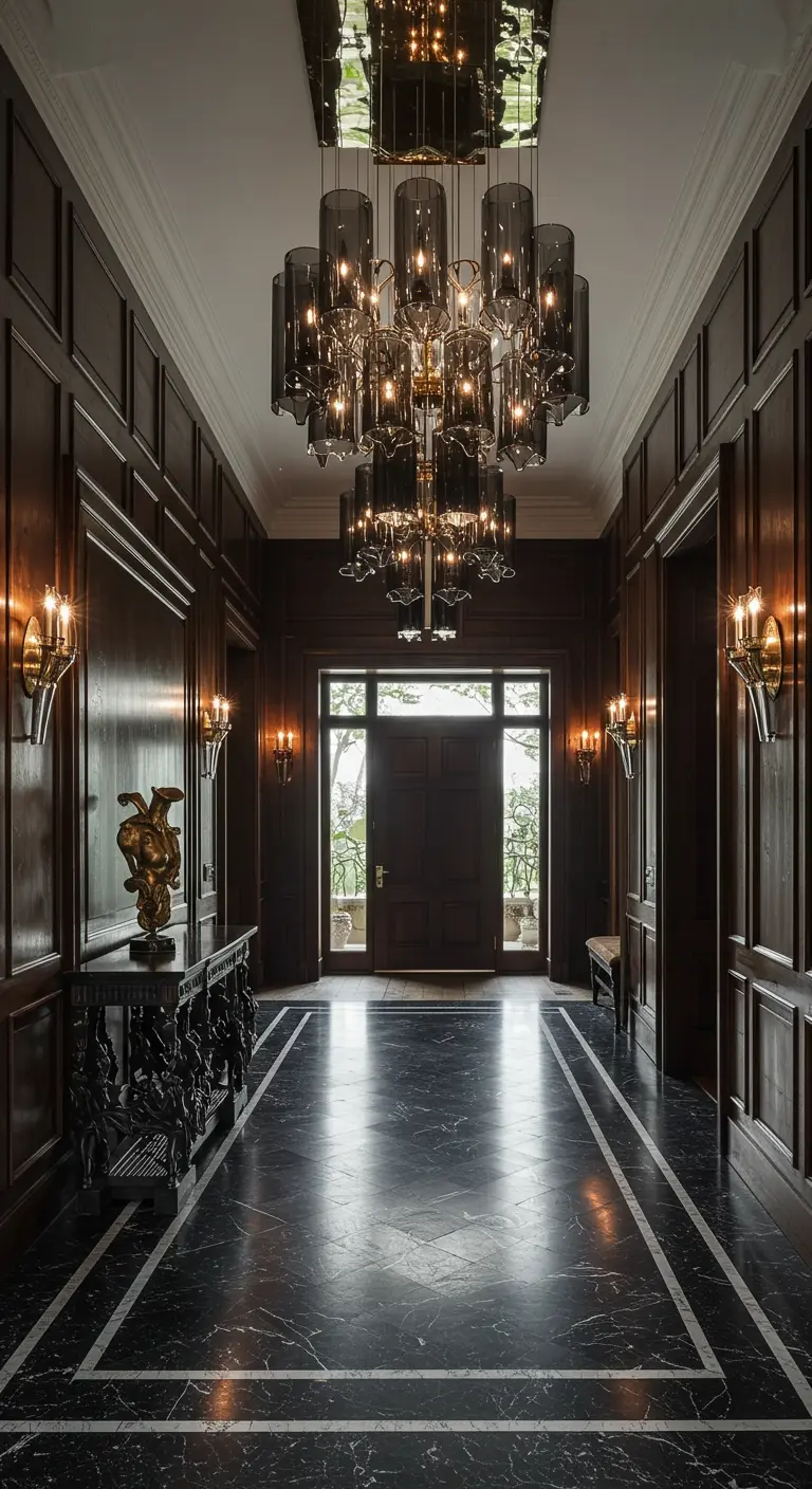 Ampio ingresso con boiserie in legno scuro, pavimento in marmo nero e lampadario in vetro fumé.