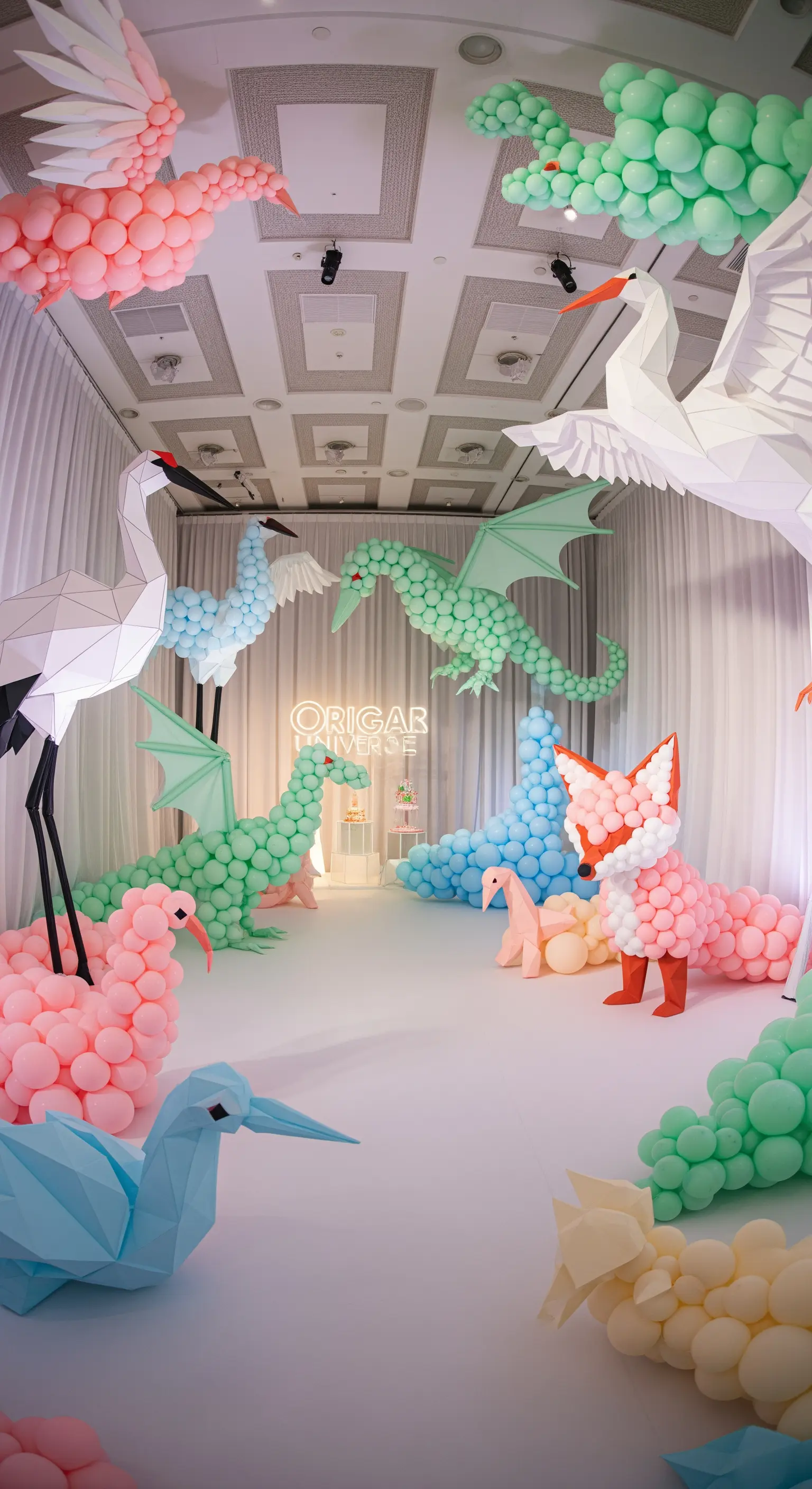 Scenografia con animali fantastici realizzati con palloncini e tecnica origami in colori pastello.