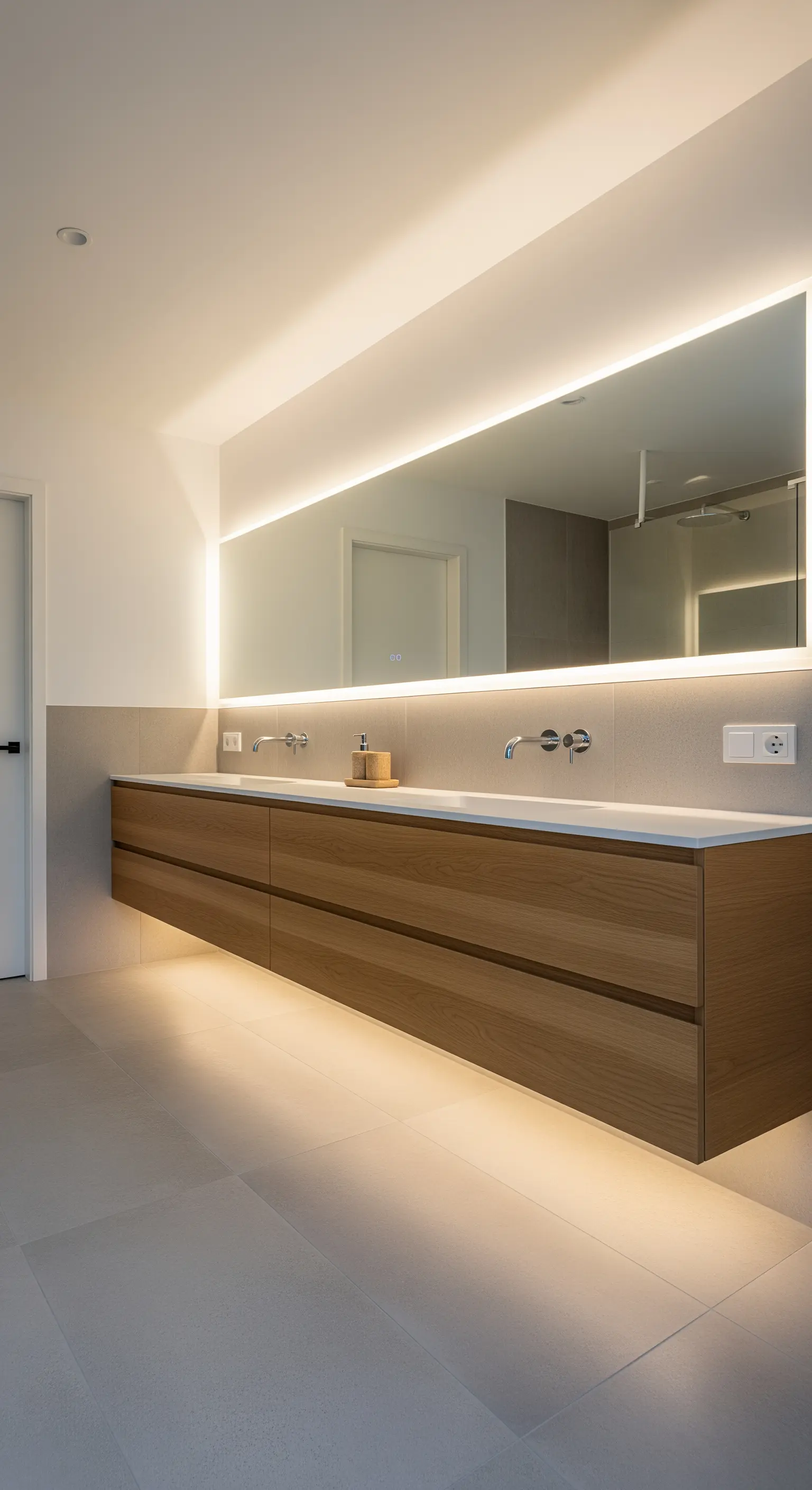 Doppio lavabo sospeso in legno con un grande specchio retroilluminato a tutta parete.