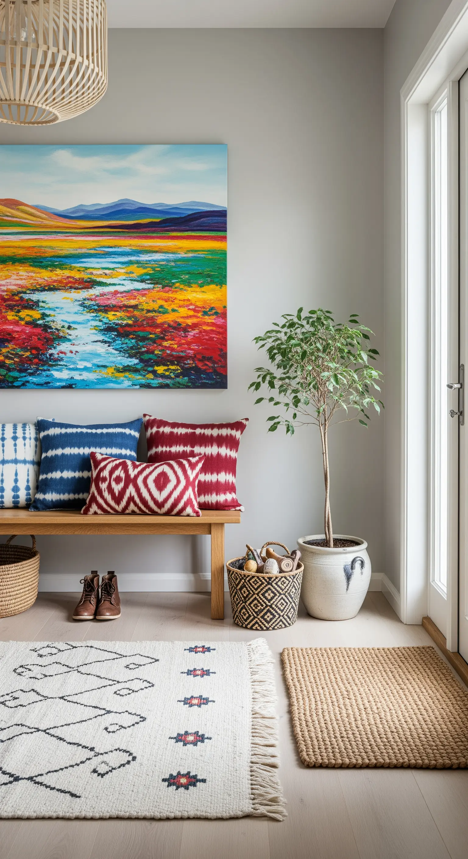 Panca in legno con cuscini ikat colorati sotto un grande quadro di un paesaggio.