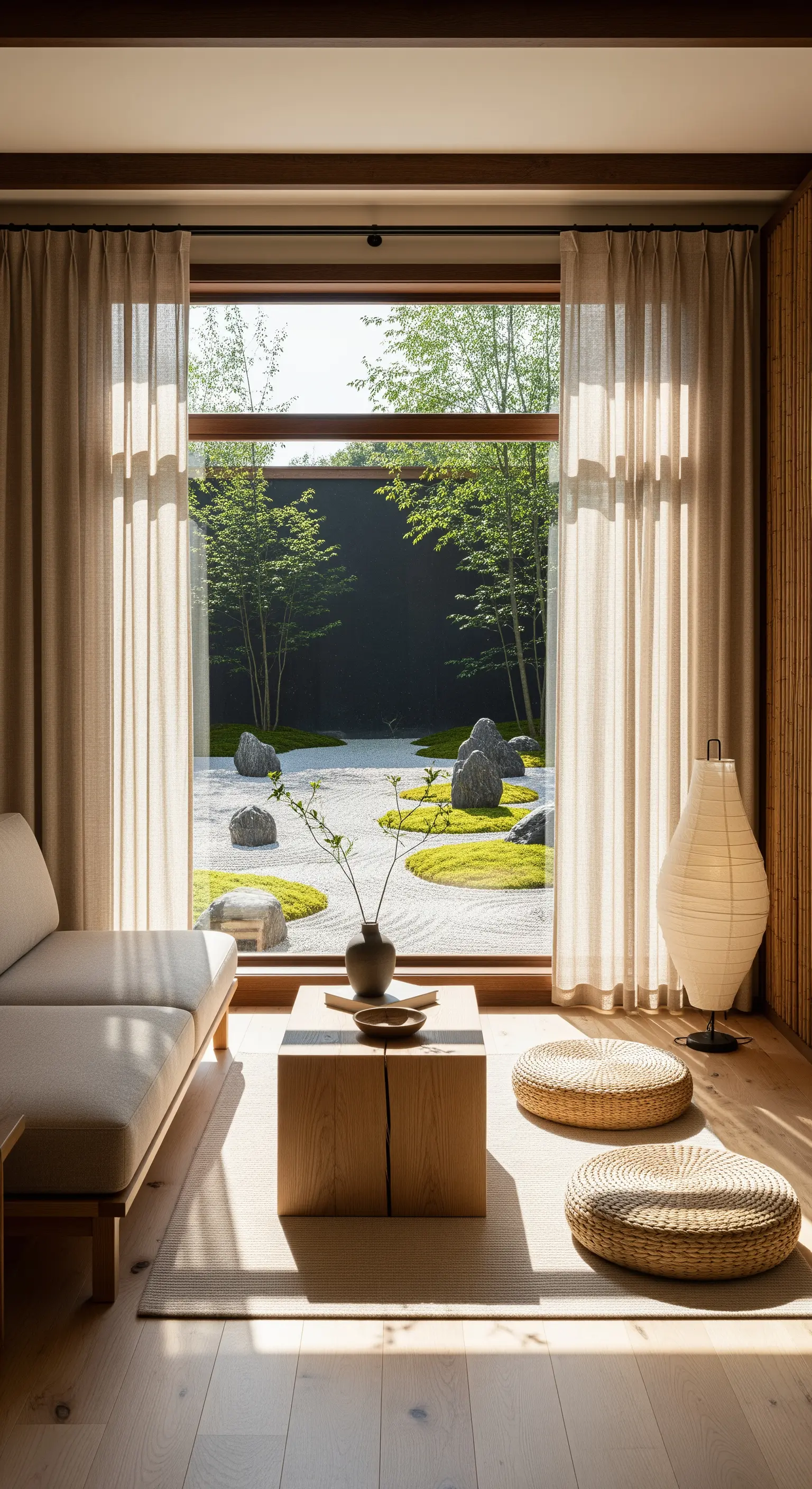 Interno di ispirazione giapponese con vista su un giardino zen e tende in lino beige.