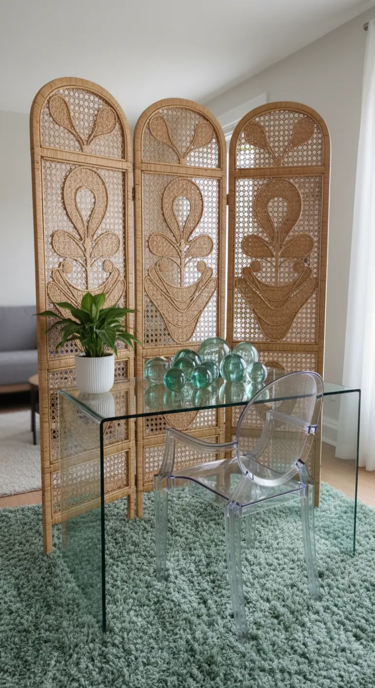 Scrivania in vetro posizionata davanti a un paravento decorativo in rattan a tre pannelli.