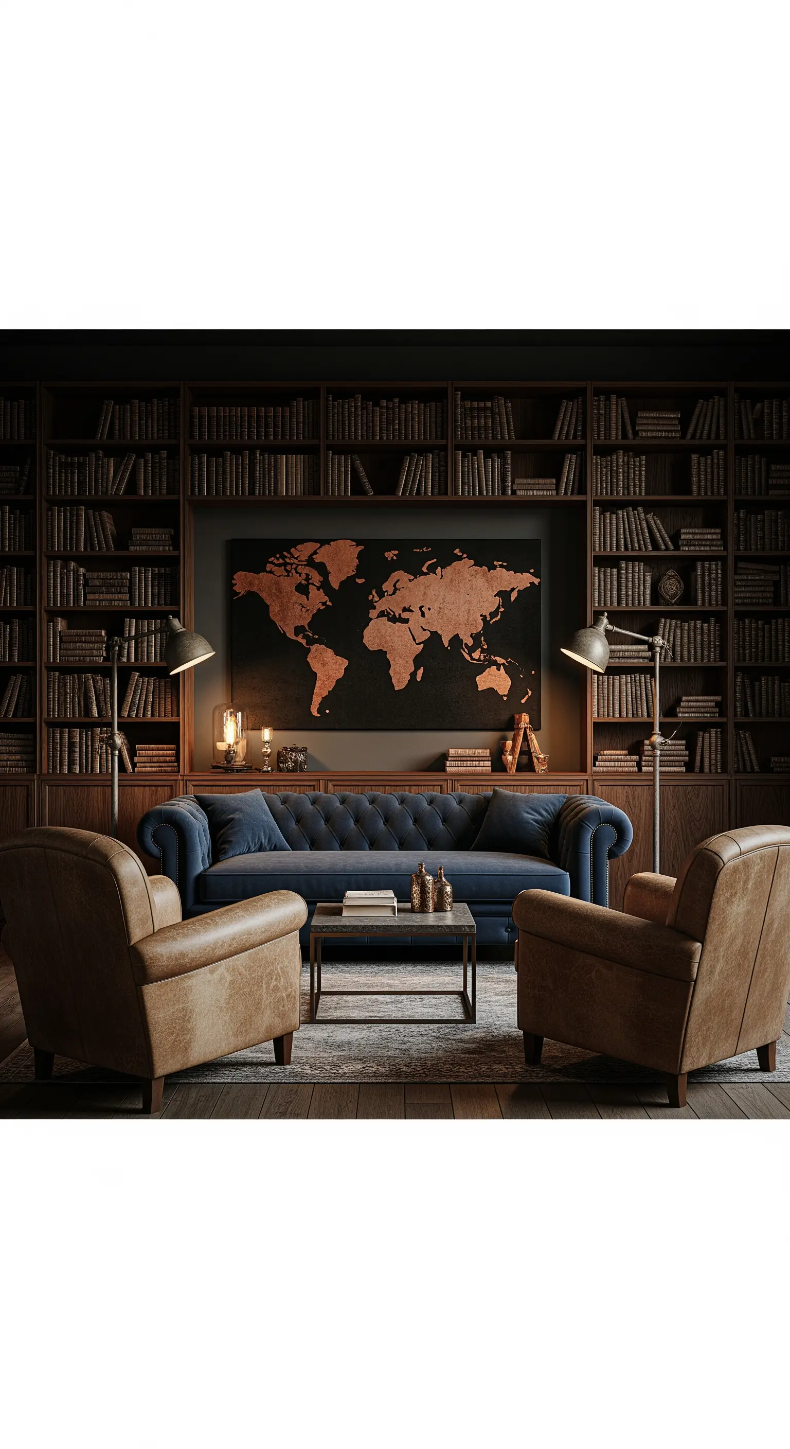Salotto-biblioteca con divano blu, mappa del mondo in rame e lampade industriali.