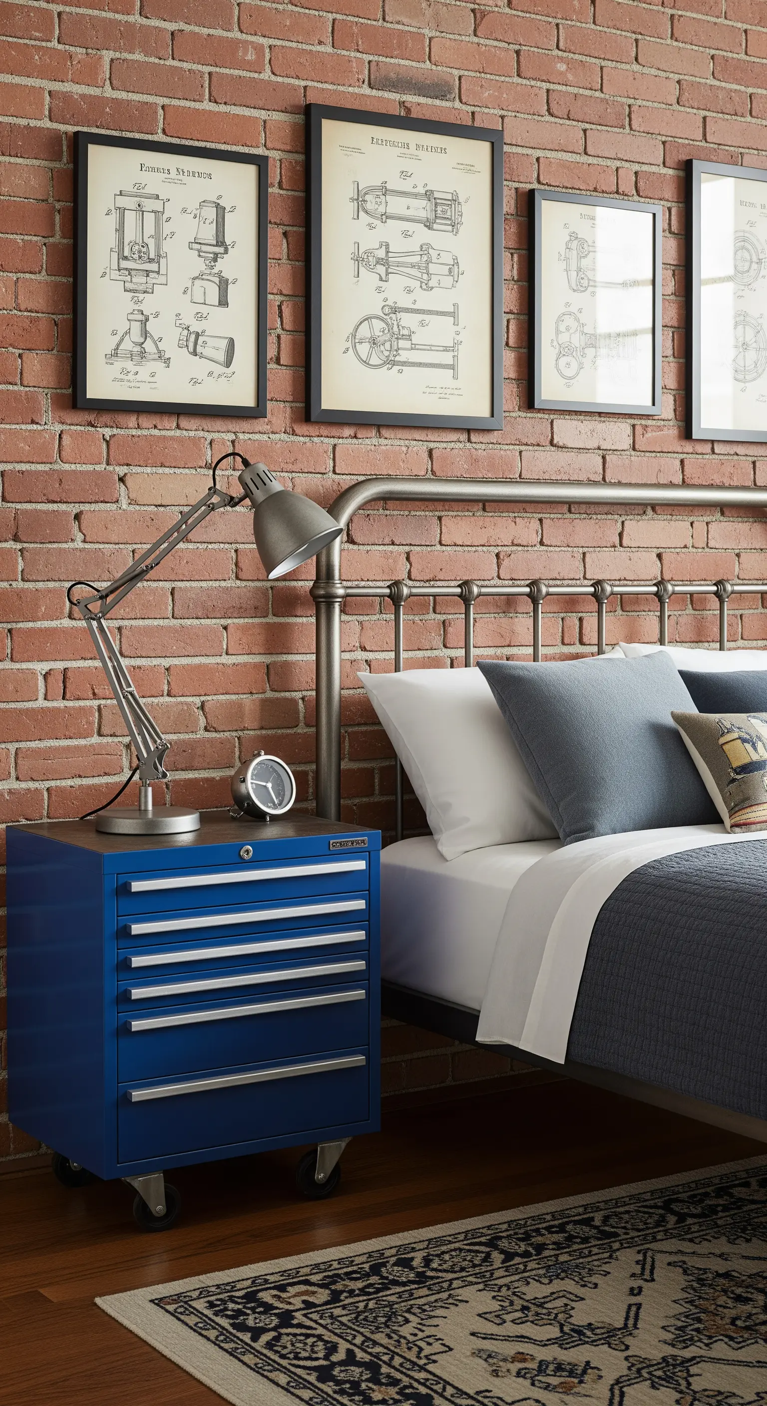 Comodino realizzato con un carrello portautensili blu accanto a un letto in metallo.