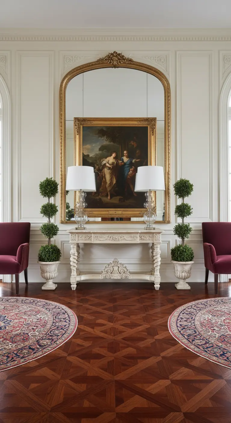 Consolle classica con un grande specchio dorato alle spalle, su cui è appeso un quadro antico.