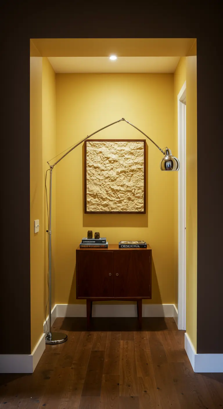 Nicchia gialla con credenza, quadro materico e una lampada da terra orientabile.