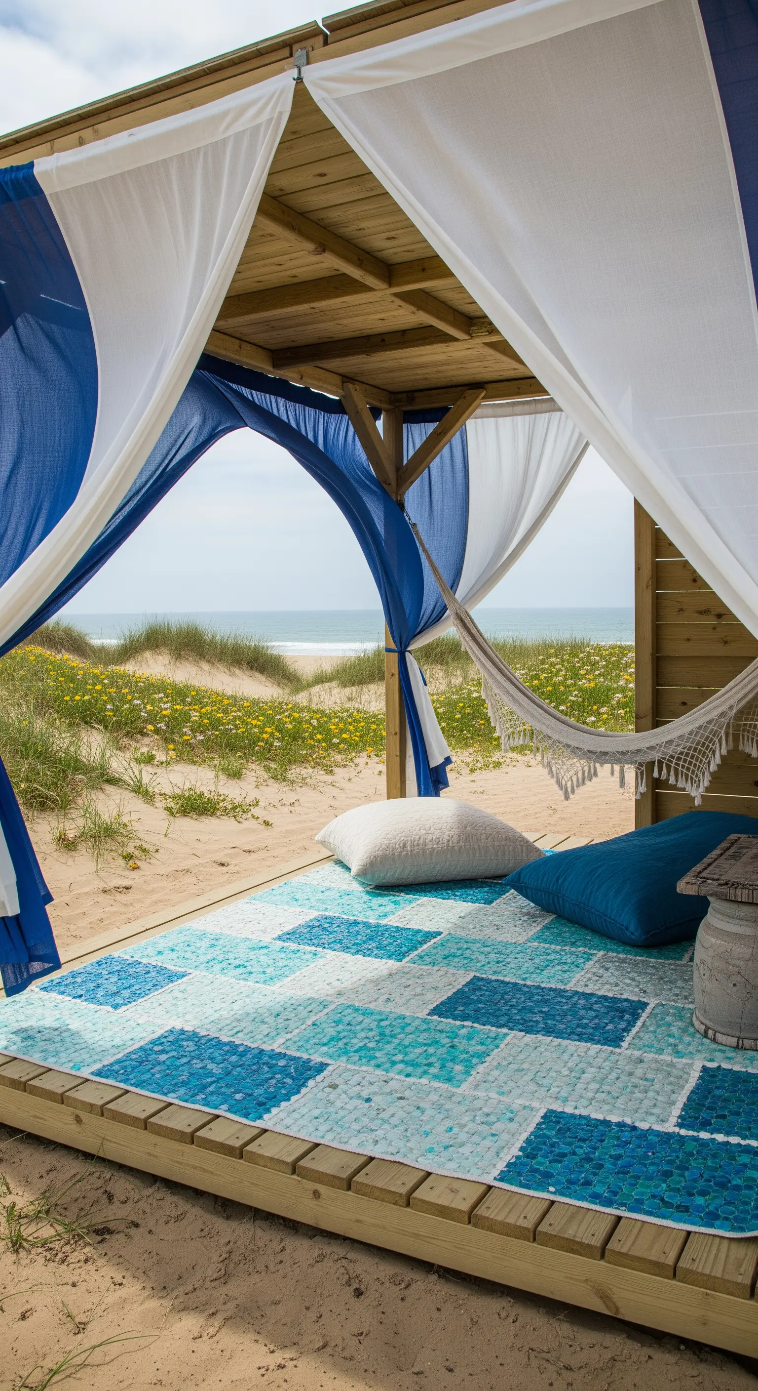 Cabana in legno sulla spiaggia con tende bianche e blu, amaca e un tappeto patchwork turchese.