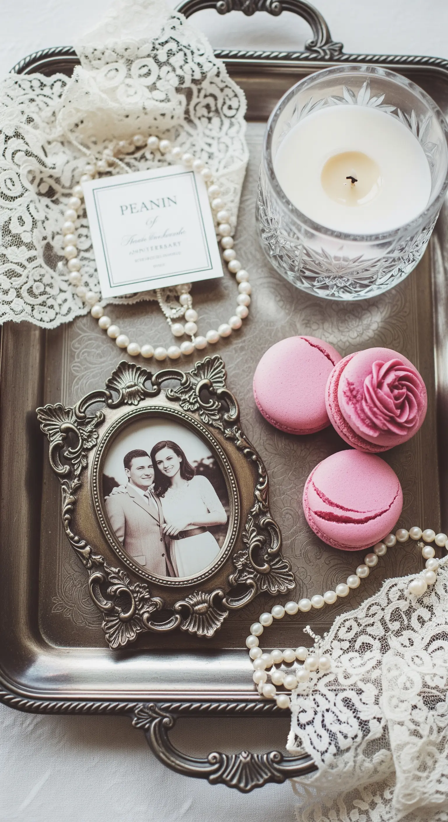 Vassoio d'argento vintage con foto, perle, pizzo, macaron e una candela.