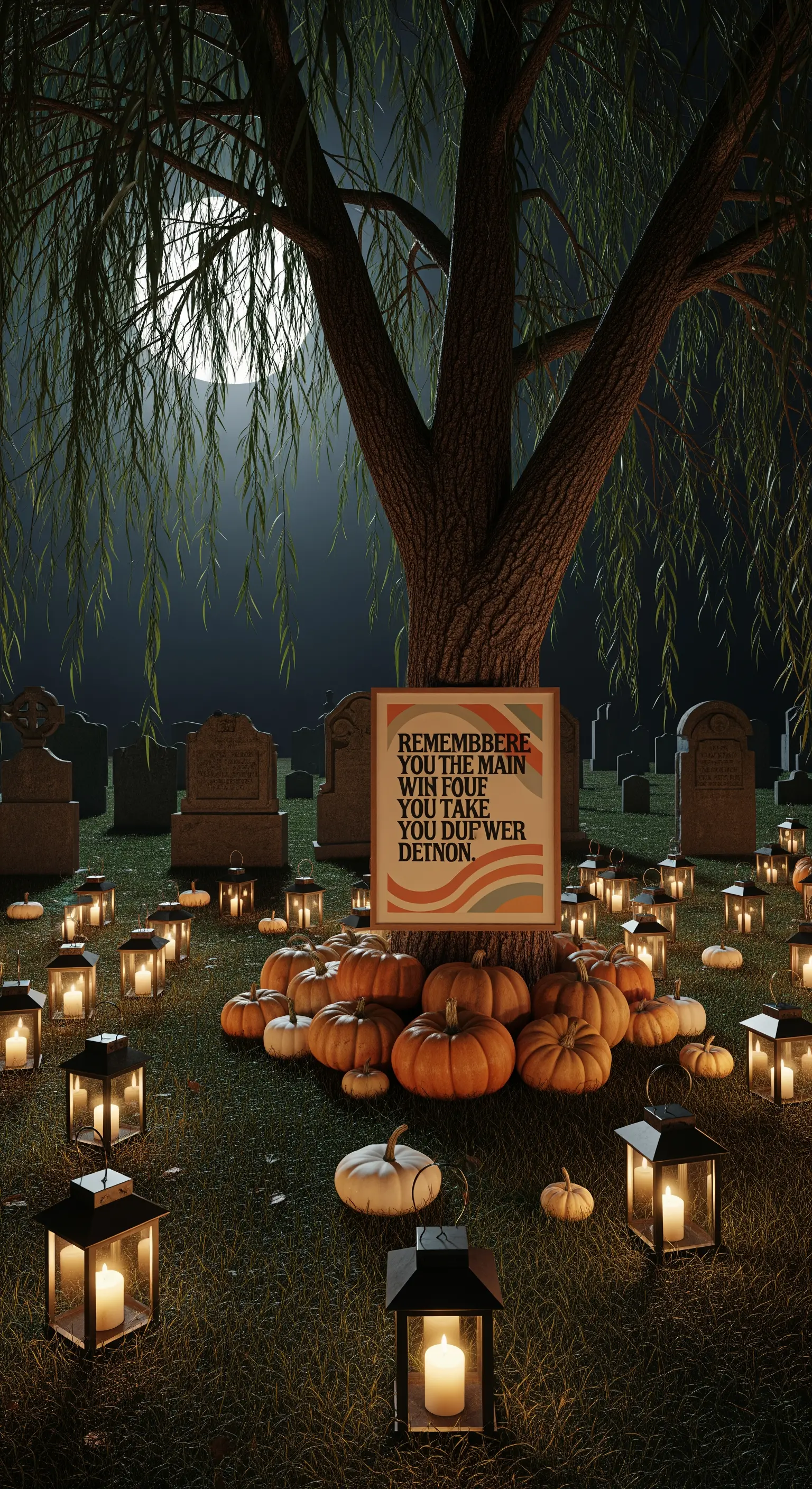 Cimitero di notte con un grande albero, zucche e decine di lanterne accese sull'erba.