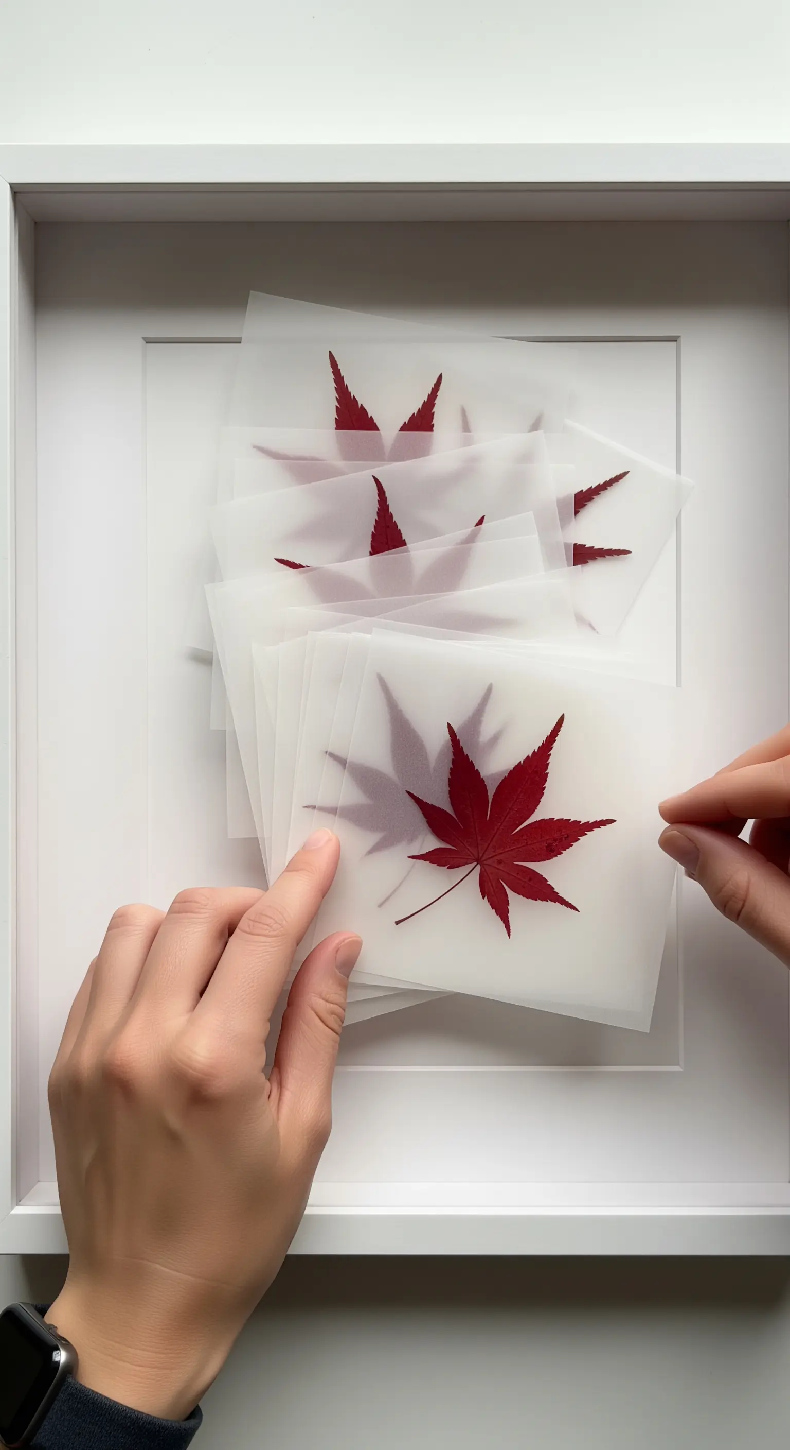 Mani che mostrano fogli di carta velina traslucida con foglie di acero rosso pressate.