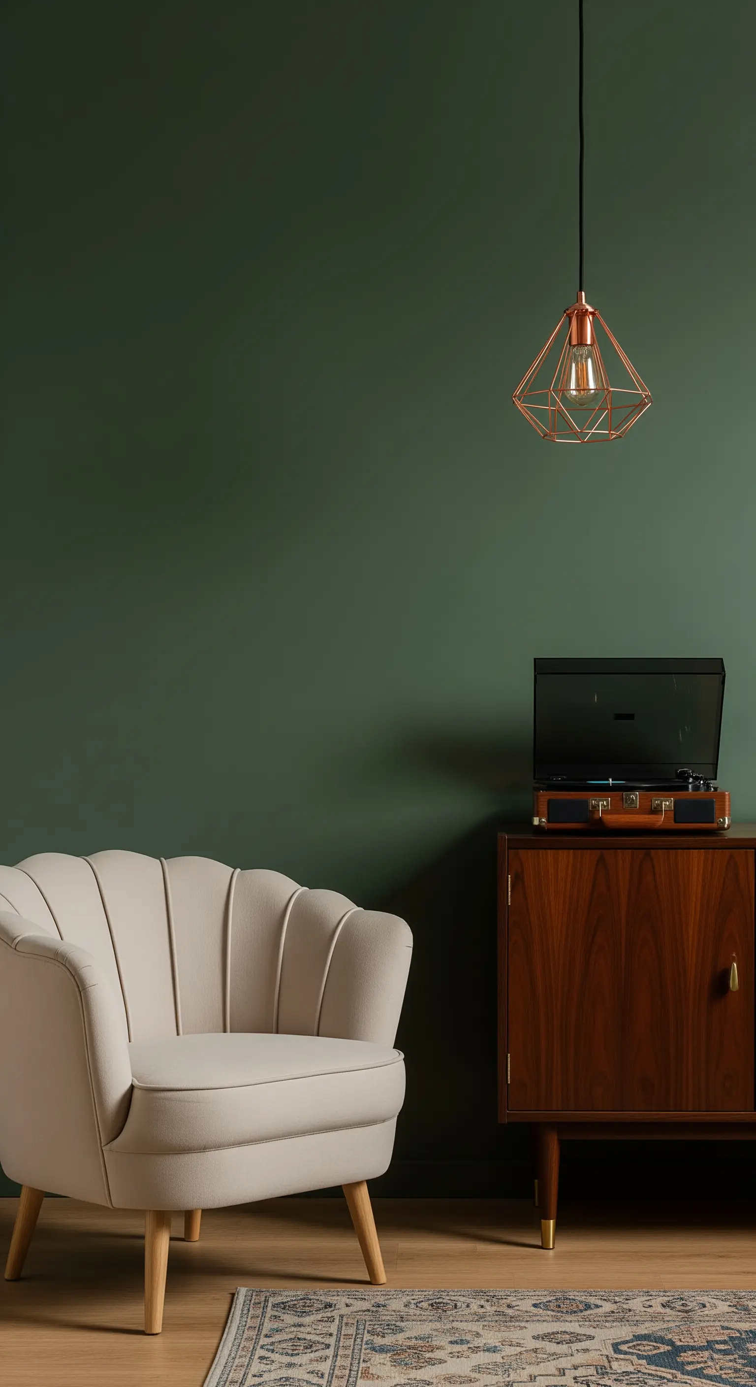Poltrona color crema a conchiglia, parete verde scuro e lampada a sospensione in rame.