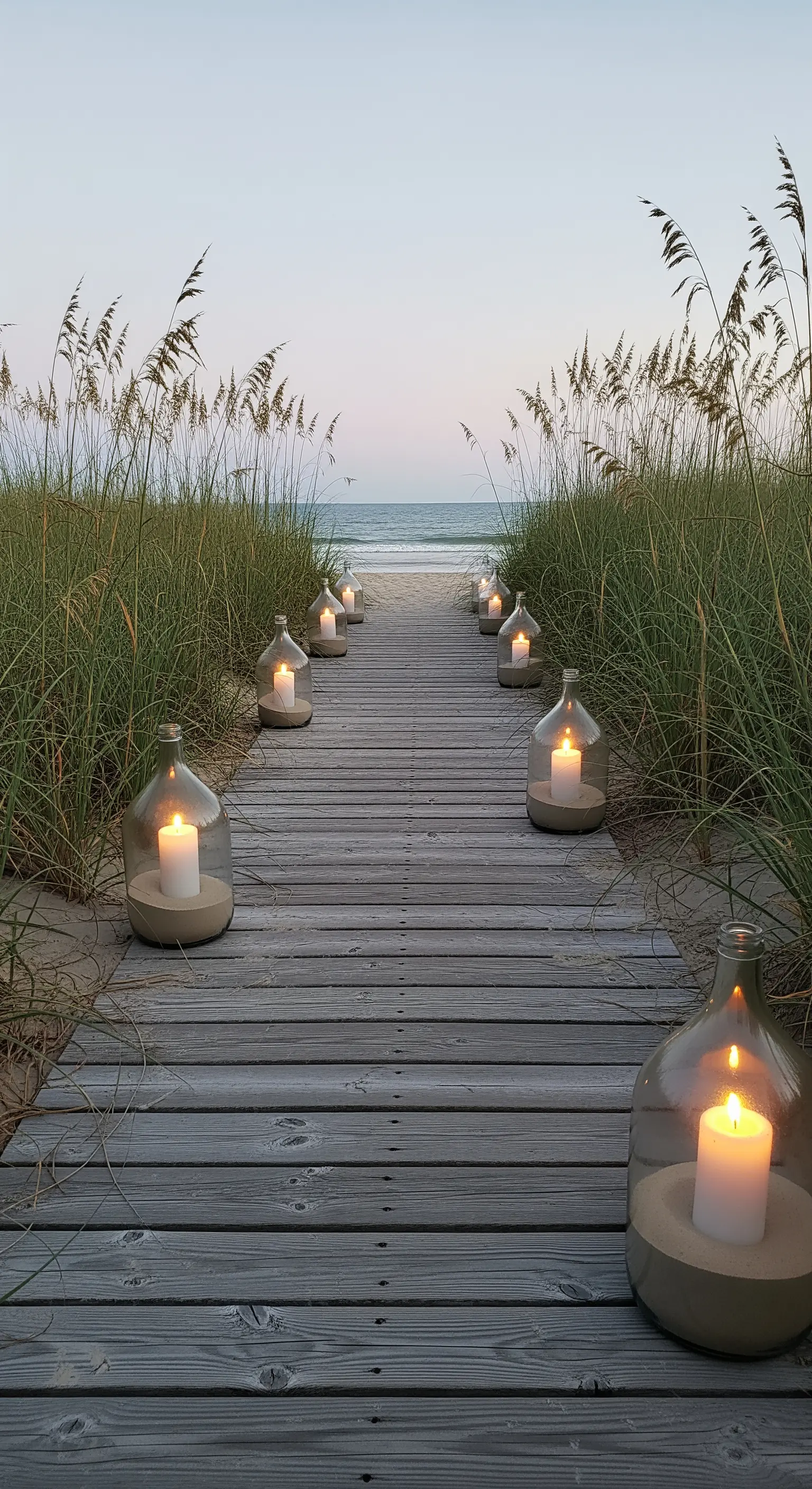 Passerella in legno verso la spiaggia fiancheggiata da grandi damigiane di vetro con candele.