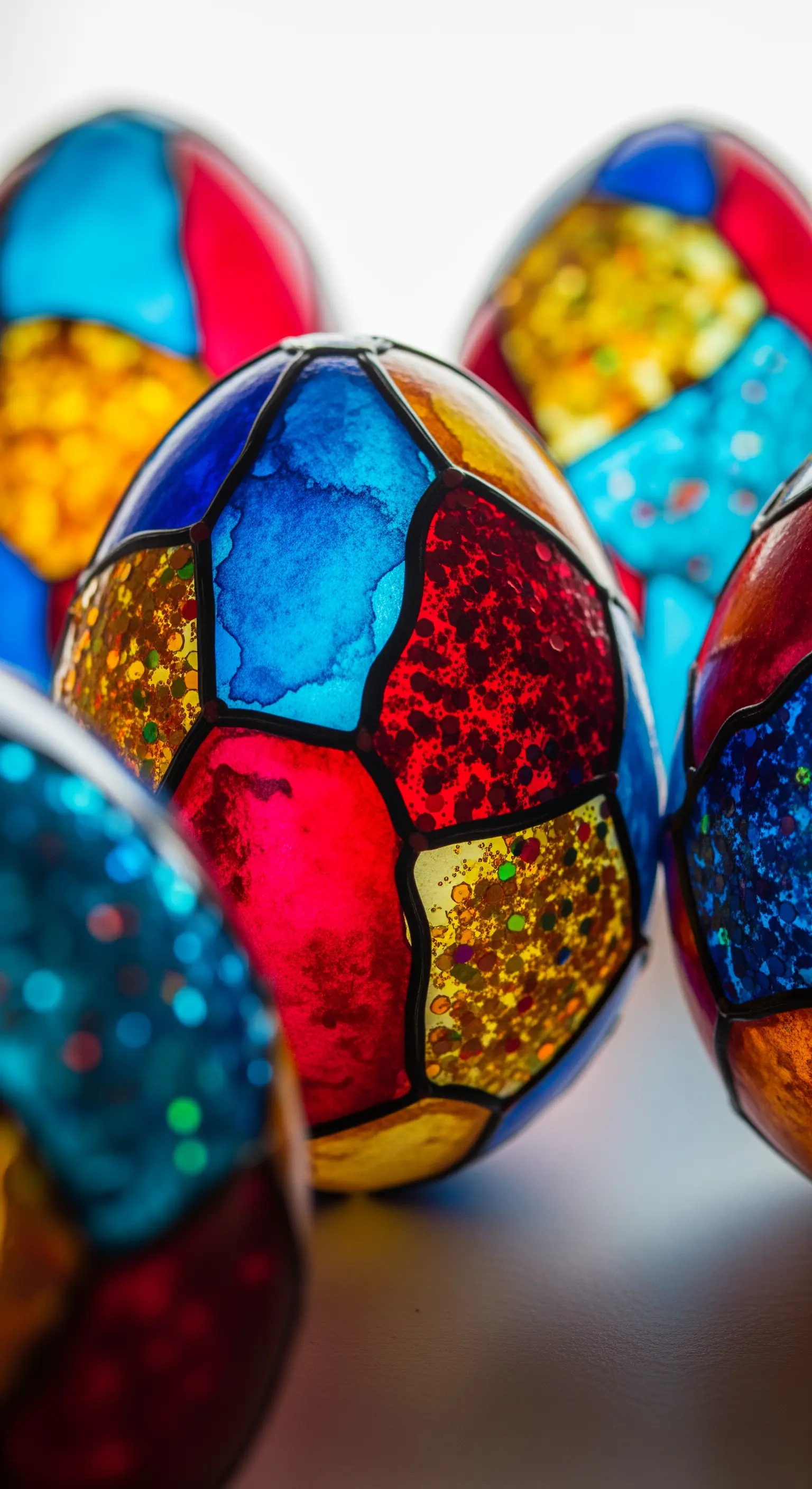 Uova pasquali decorate per assomigliare a vetrate colorate, con contorni neri.
