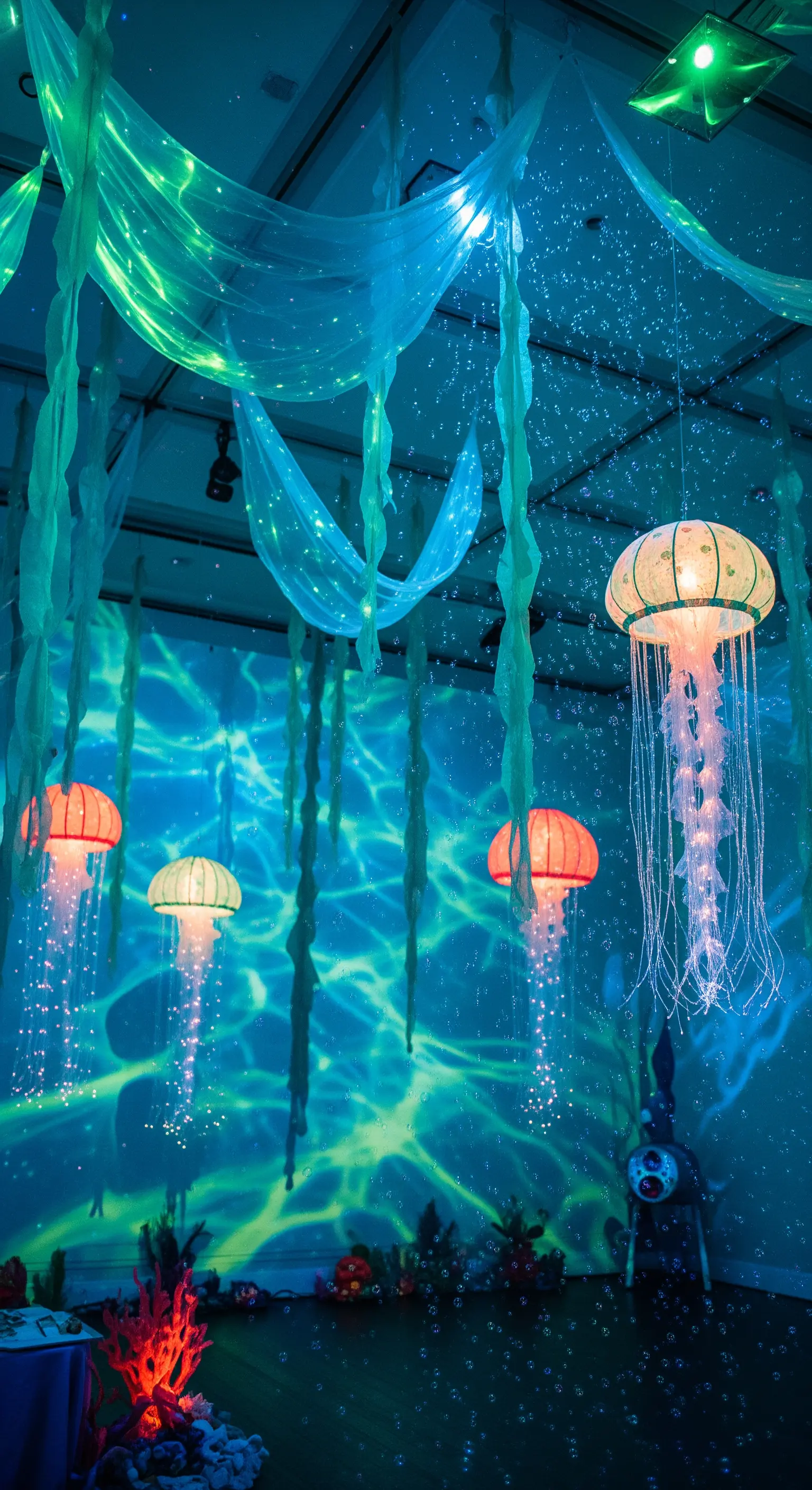 Allestimento a tema sottomarino con meduse luminose appese e proiezioni di luce acquatica.
