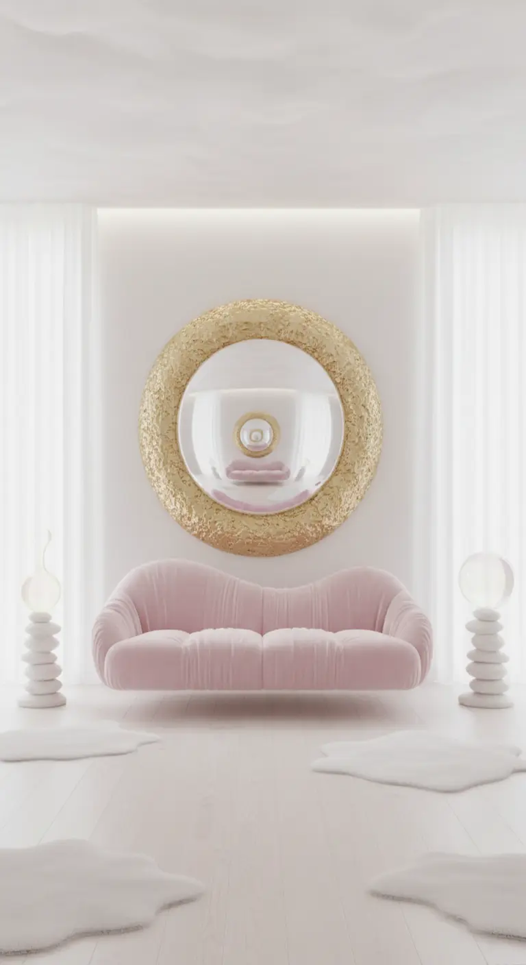 Specchio convesso con cornice dorata texturizzata in un ambiente total white con divano rosa.