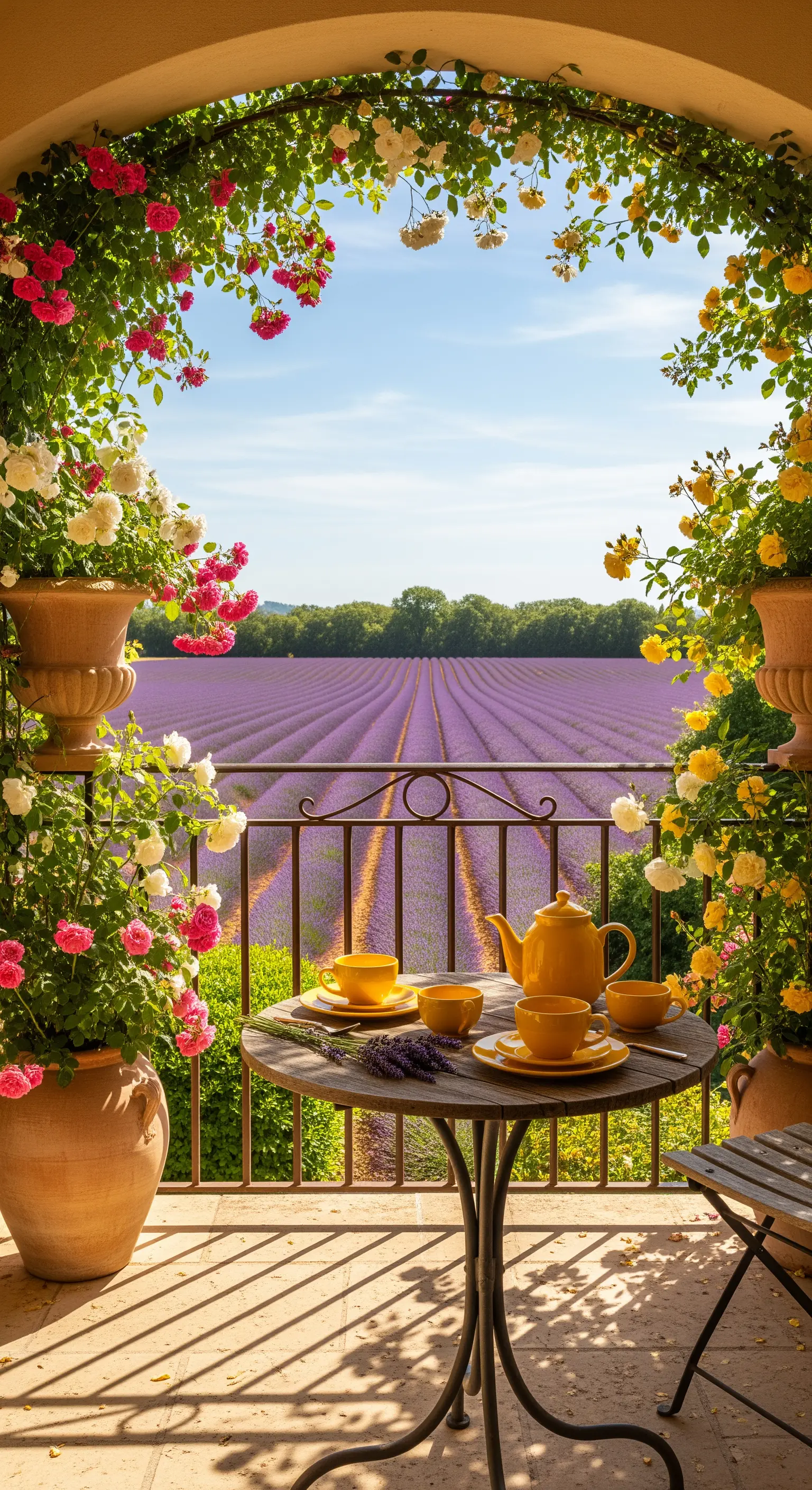 Balcone affacciato su un campo di lavanda, con vasi di terracotta e un servizio da tè giallo