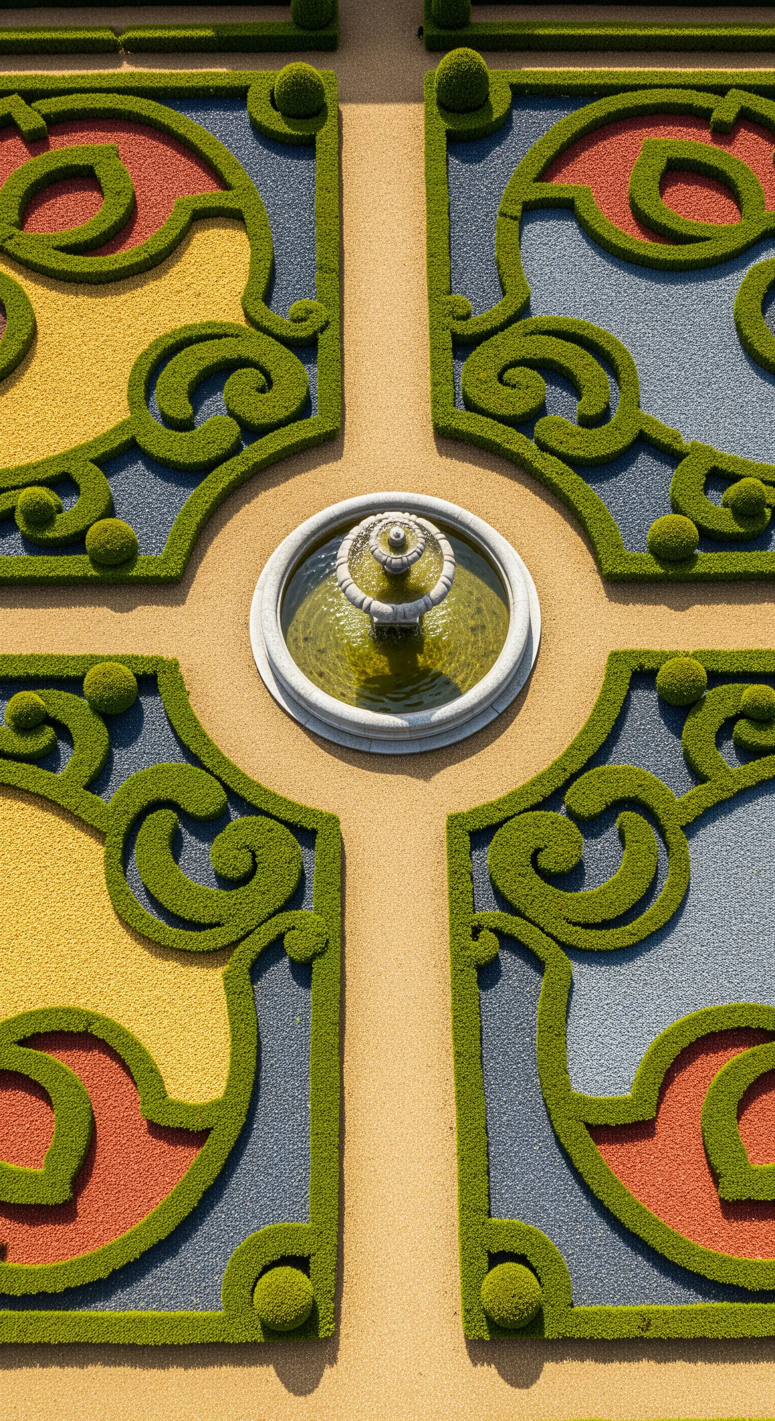Veduta aerea di un parterre con siepi di bosso e ghiaia colorata a creare disegni.